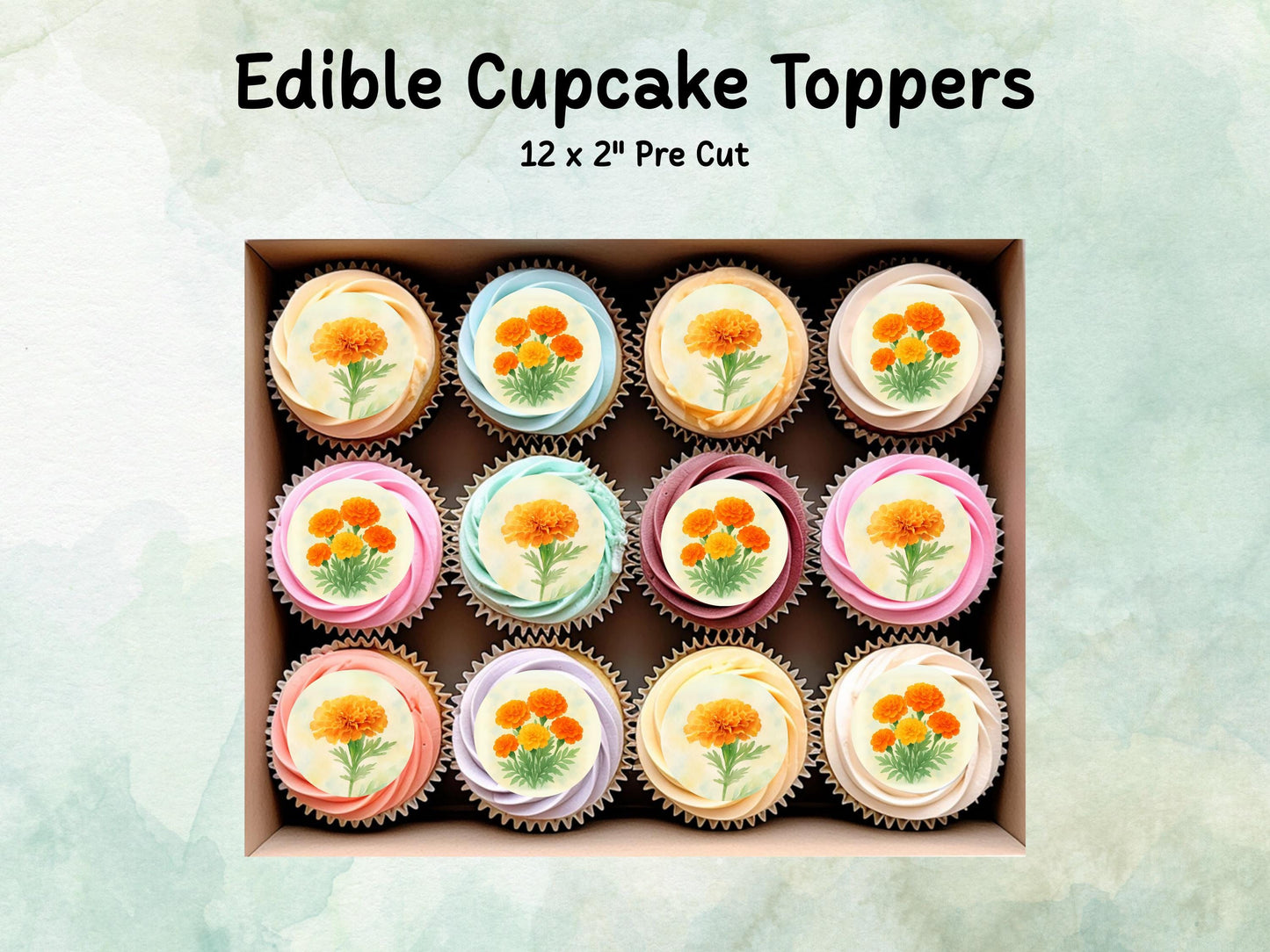 October Birth Flower Edible Cupcake Toppers – 12 x 2" Marigold Design, Pre cut Wafer Paper, Card or Icing Sheet, Floral Cake Topper