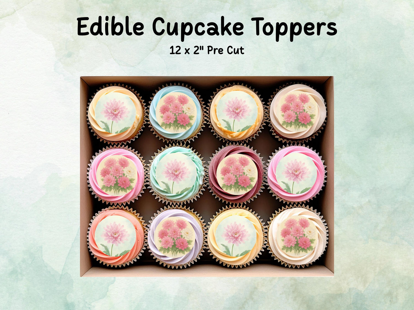 November Birth Flower Edible Cupcake Toppers – 12 x 2" Chrysanthemum Design, Pre cut Wafer Paper, Card or Icing Sheet, Floral Cake Topper