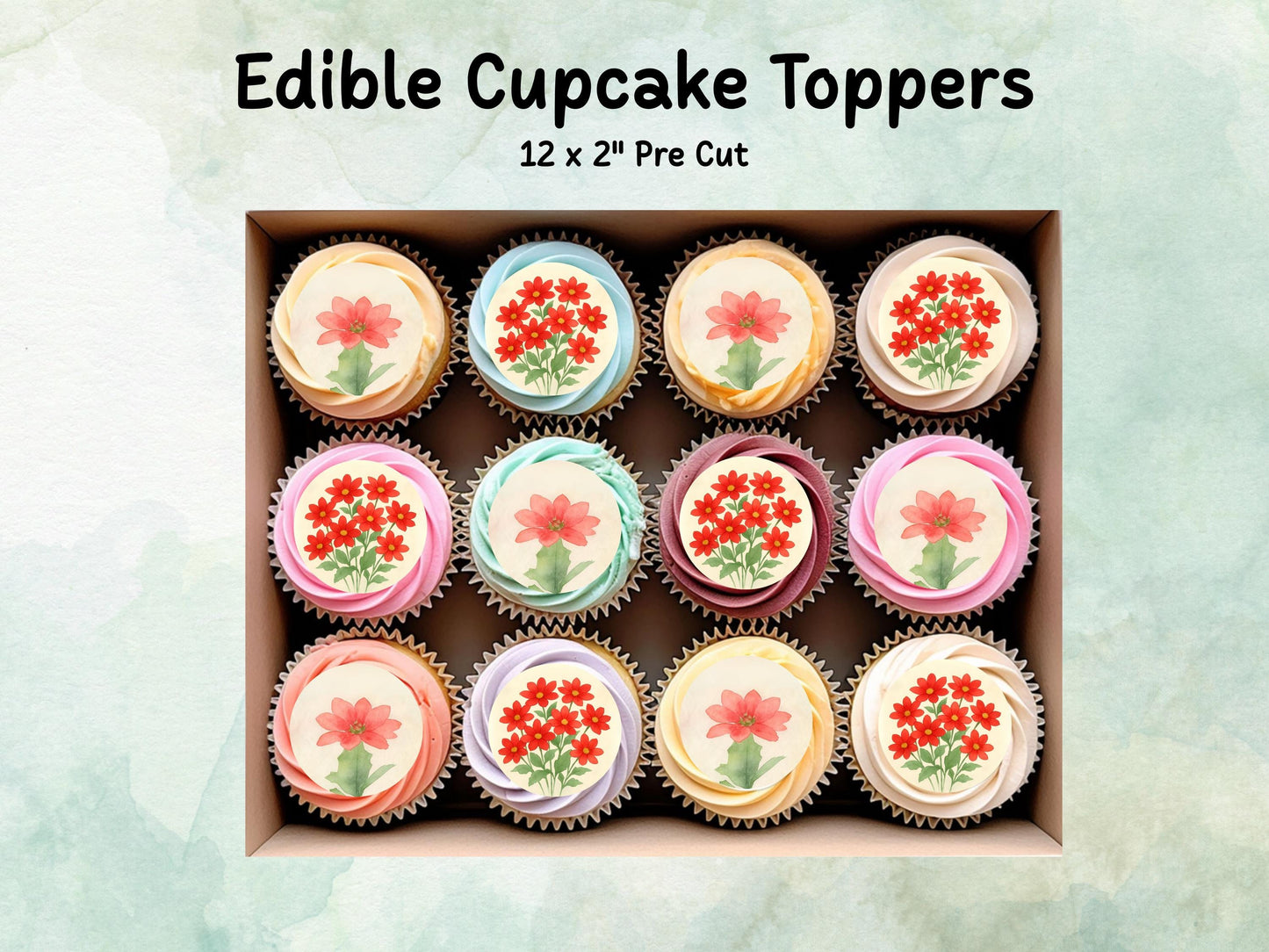 December Birth Flower Edible Cupcake Toppers – 12 x 2" Poinsettia Design, Pre cut Wafer Paper, Card or Icing Sheet, Floral Cake Topper