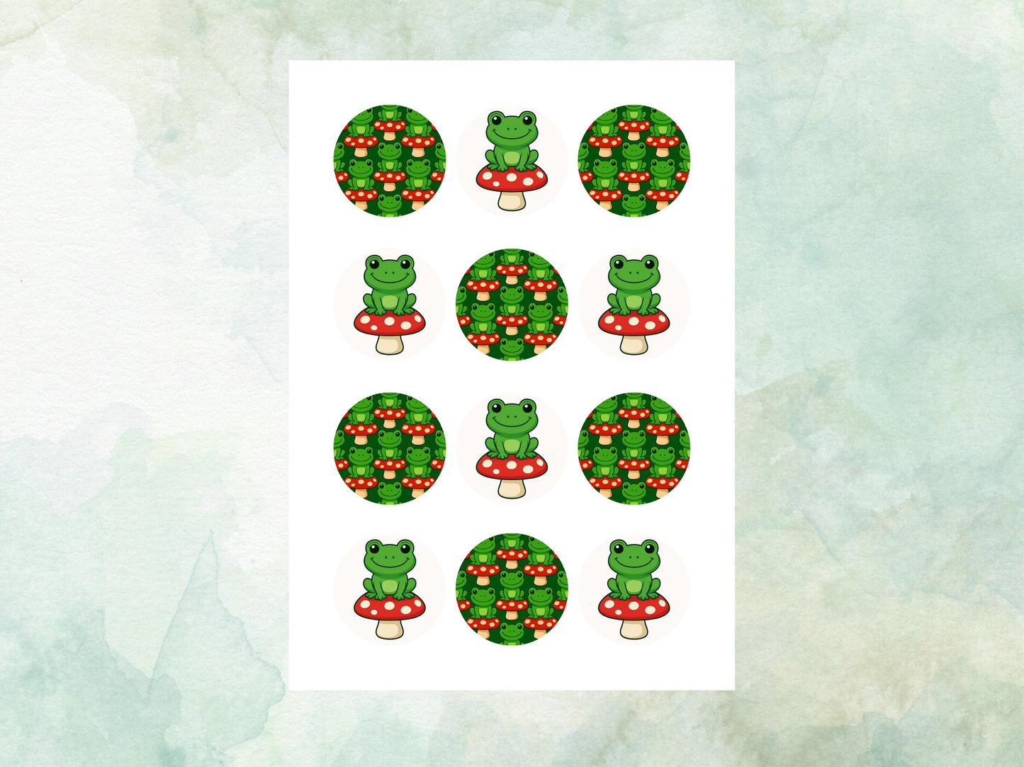 Cute Frog on a Mushroom Edible Cupcake Toppers 12 x 2"– Pre cut Wafer Paper, Card or Icing Sheet, Frog Birthday Cake Topper