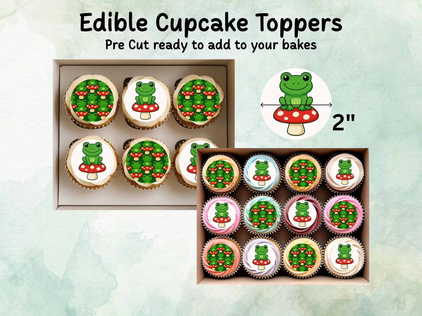 Cute Frog on a Mushroom Edible Cupcake Toppers 12 x 2"– Pre cut Wafer Paper, Card or Icing Sheet, Frog Birthday Cake Topper