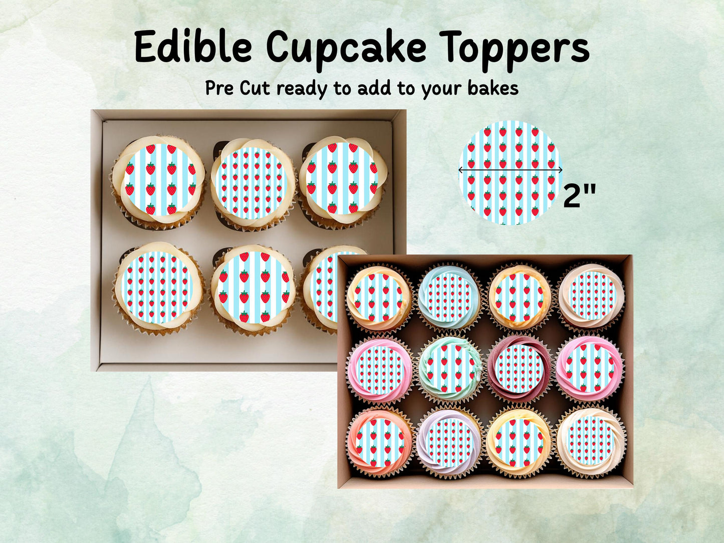 Strawberry Edible Cupcake Toppers – 12 x 2" Pre cut Wafer Paper, Card or Icing Sheet, Fruit Cake Toppers, Cute Birthday Decorations