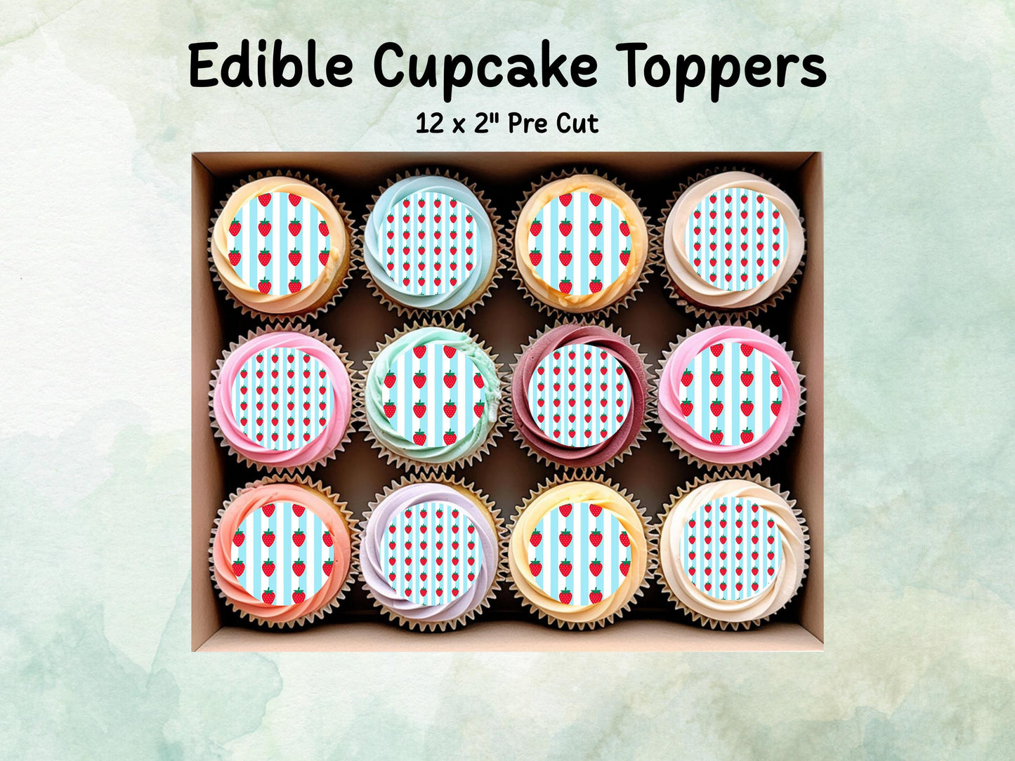 Strawberry Edible Cupcake Toppers – 12 x 2" Pre cut Wafer Paper, Card or Icing Sheet, Fruit Cake Toppers, Cute Birthday Decorations