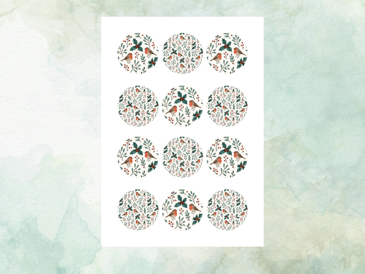 Christmas Edible Cupcake Toppers 12 x 2" – Pre cut Wafer Paper, Card or Icing Sheet, Robin and Holly Festive Cake Topper