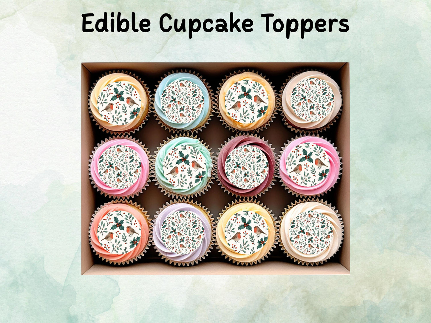 Christmas Edible Cupcake Toppers 12 x 2" – Pre cut Wafer Paper, Card or Icing Sheet, Robin and Holly Festive Cake Topper
