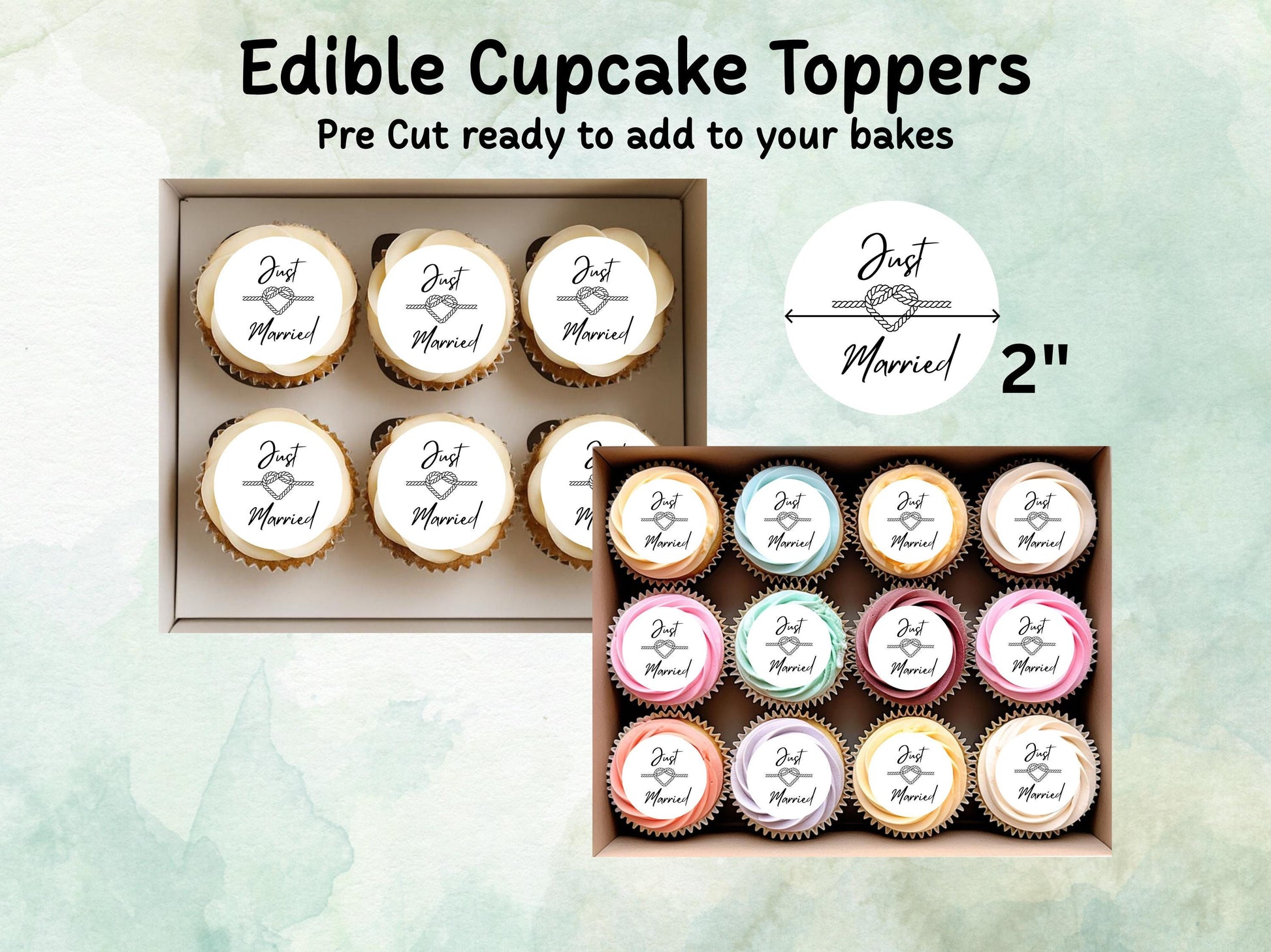 Just Married Edible Cupcake Toppers 12 x 2" – Pre cut Wafer Paper, Card or Icing Sheet, Wedding Cake Topper