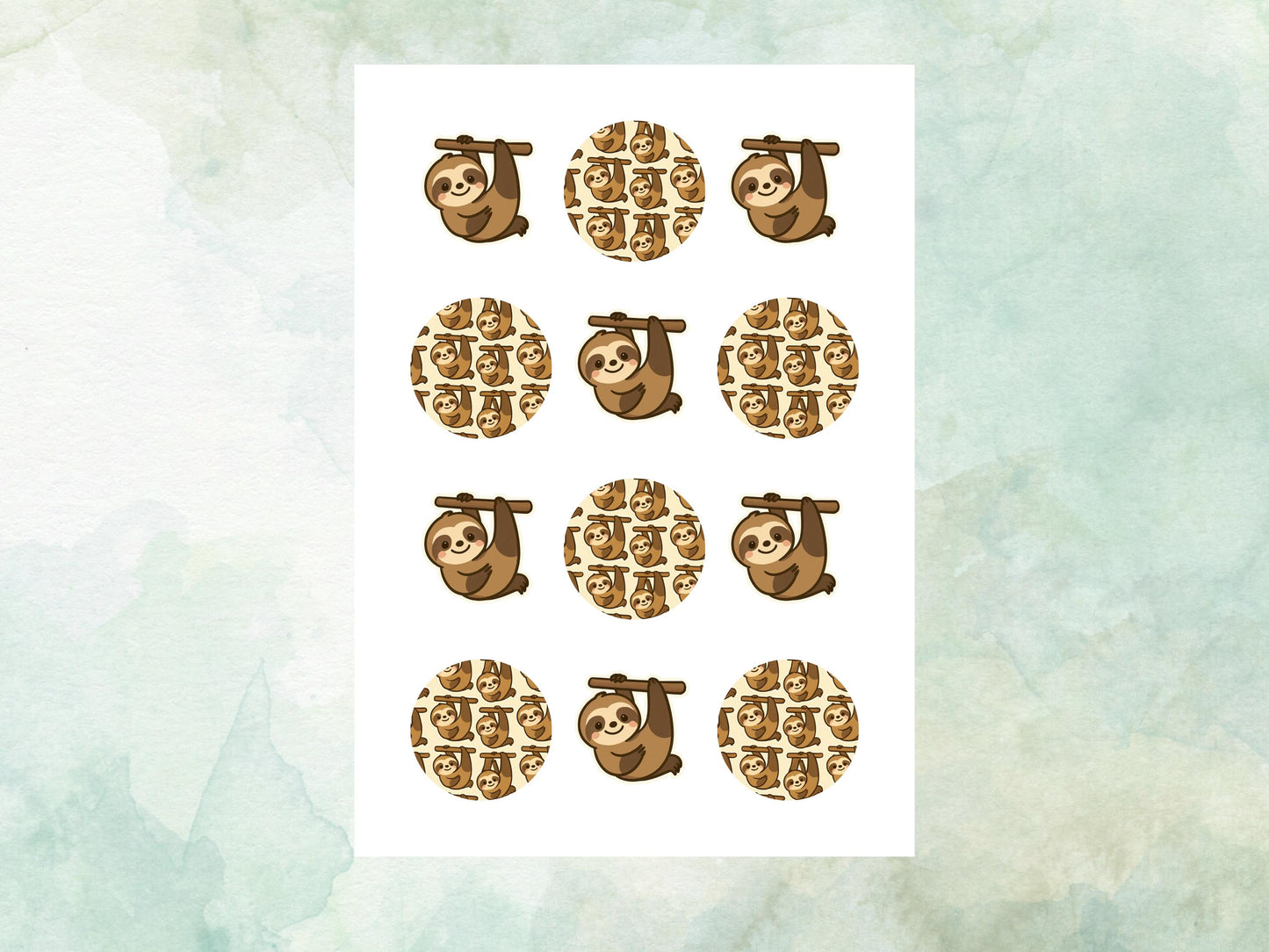 Cute Sloth Edible Cupcake Toppers 12 x 2"– Pre cut Wafer Paper, Card or Icing Sheet, Sloth Birthday Cake Topper, Kids Birthday Cake
