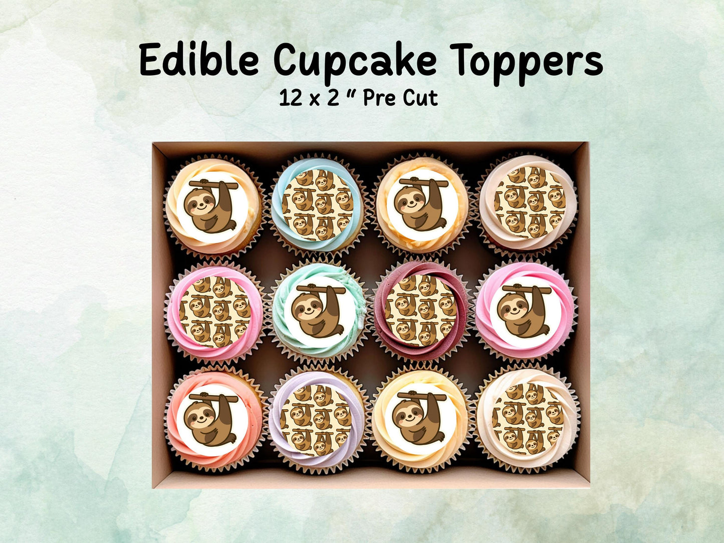 Cute Sloth Edible Cupcake Toppers 12 x 2"– Pre cut Wafer Paper, Card or Icing Sheet, Sloth Birthday Cake Topper, Kids Birthday Cake