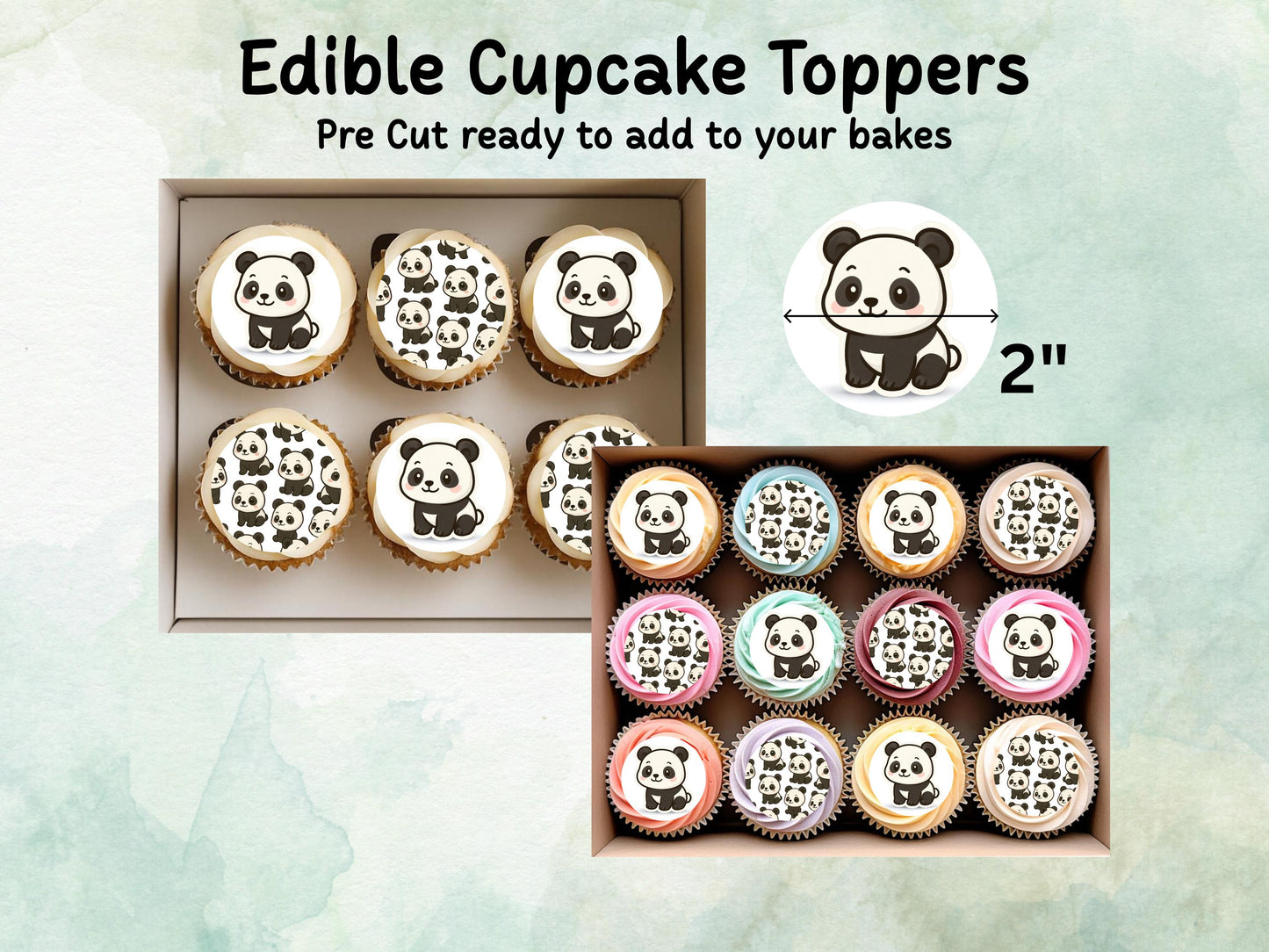Cute Panda Edible Cupcake Toppers 12 x 2"– Pre cut Wafer Paper, Card or Icing Sheet, Panda Birthday Cake Topper, Kids Birthday Cake
