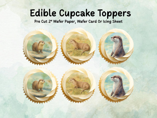 Otter Edible Cupcake Toppers 12 x 2"– Pre cut Wafer Paper, Card or Icing Sheet, Otter Birthday Cake Topper, Cookie Topper