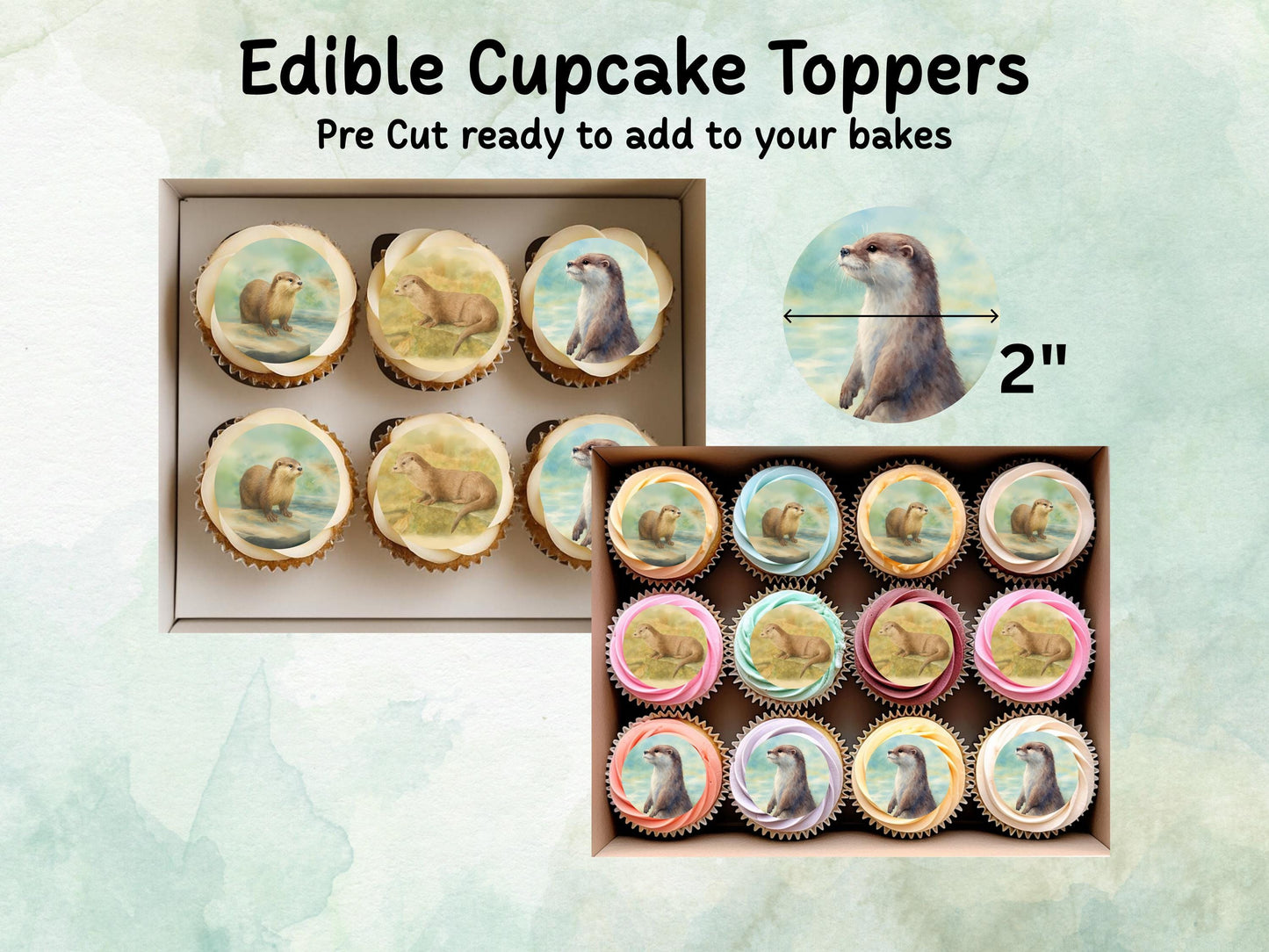 Otter Edible Cupcake Toppers 12 x 2"– Pre cut Wafer Paper, Card or Icing Sheet, Otter Birthday Cake Topper, Cookie Topper
