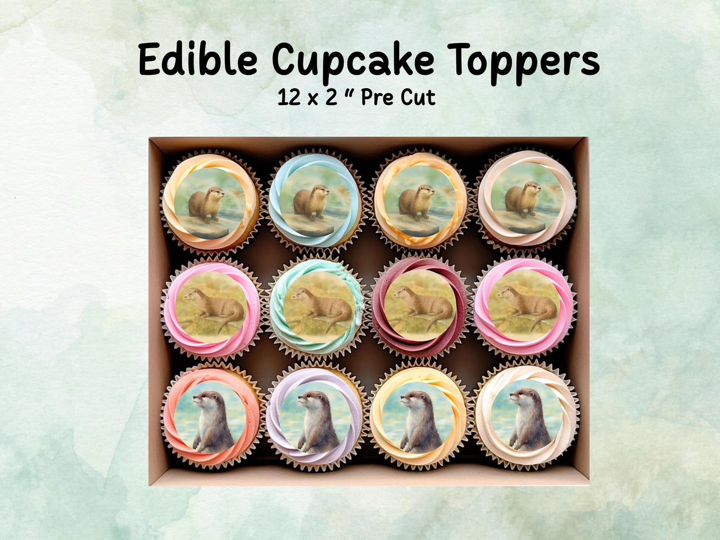 Otter Edible Cupcake Toppers 12 x 2"– Pre cut Wafer Paper, Card or Icing Sheet, Otter Birthday Cake Topper, Cookie Topper
