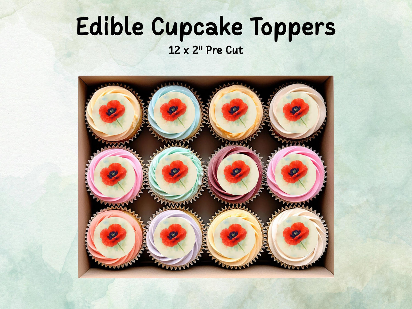 Red Poppy Edible Cupcake Toppers 12 x 2" – Pre cut Wafer Paper, Card or Icing Sheet, Remembrance Day Edible Cake Decorations