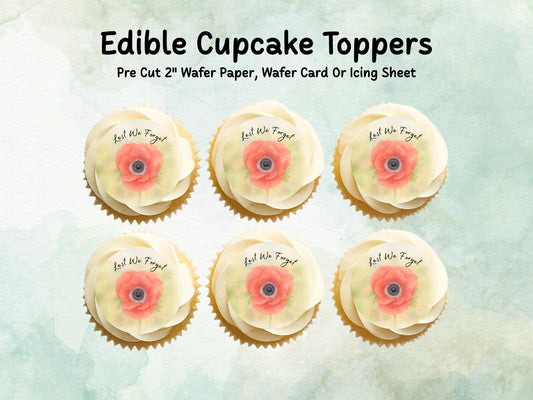 Red Poppy Edible Cupcake Toppers 12 x 2" – Pre cut Wafer Paper, Card or Icing Sheet, Remembrance Day Edible Cake Decorations, Lest We Forget