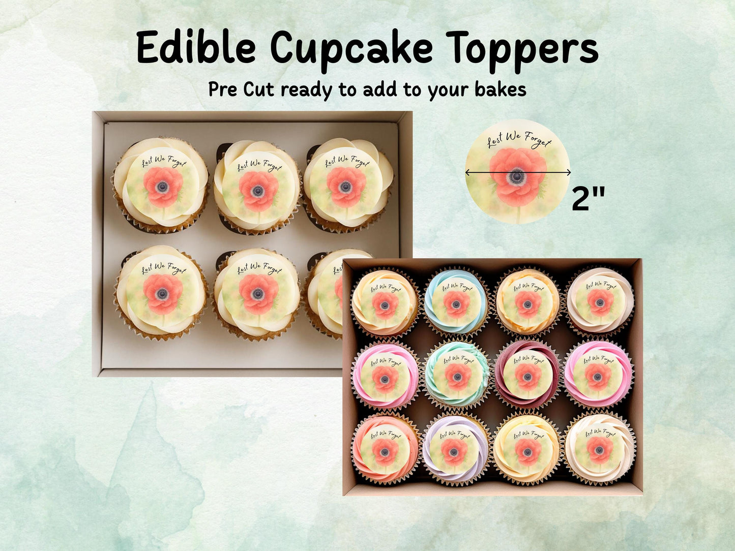 Red Poppy Edible Cupcake Toppers 12 x 2" – Pre cut Wafer Paper, Card or Icing Sheet, Remembrance Day Edible Cake Decorations, Lest We Forget