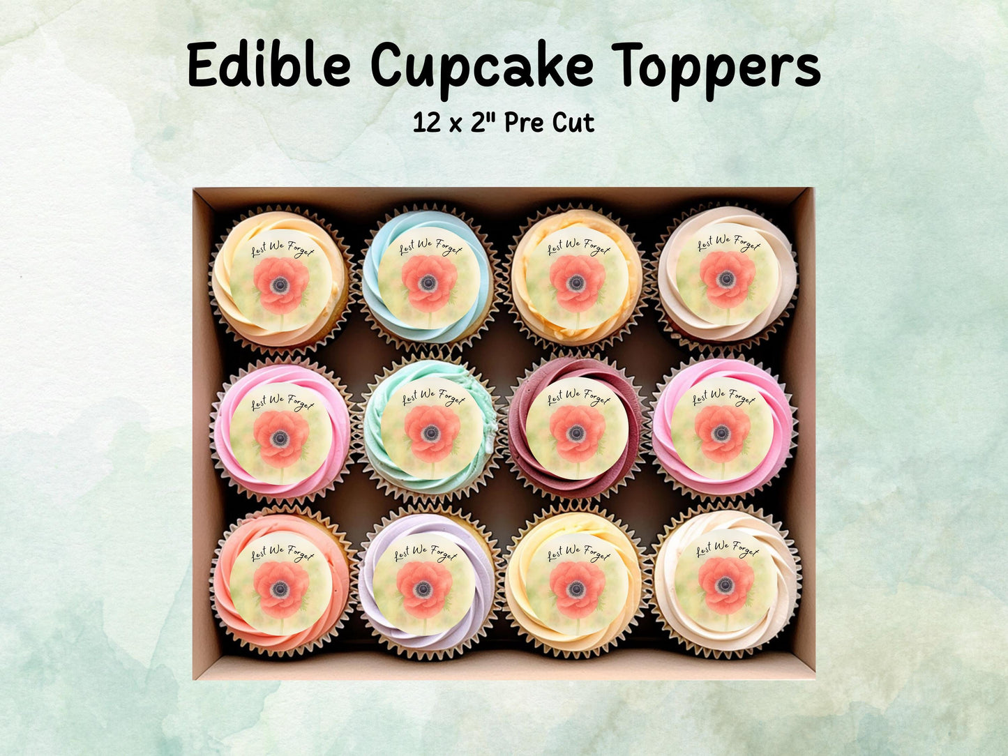 Red Poppy Edible Cupcake Toppers 12 x 2" – Pre cut Wafer Paper, Card or Icing Sheet, Remembrance Day Edible Cake Decorations, Lest We Forget