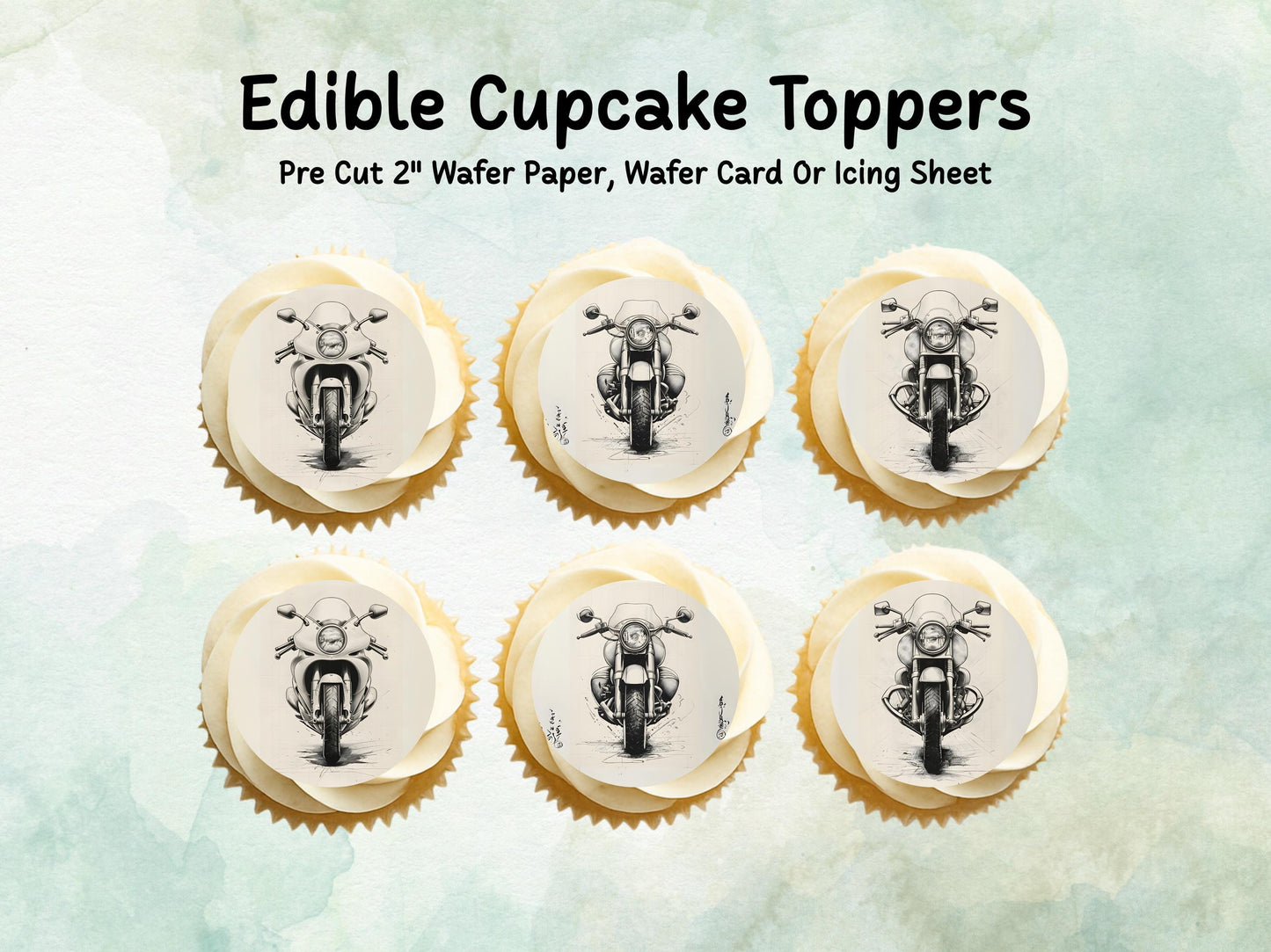 Motorbike Edible Cupcake Toppers 12 x 2" – Pre cut Wafer Paper, Card or Icing Sheet, Biker Party Cake Decoration, Motorcycle Birthday Topper