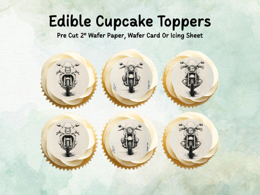 Motorbike Edible Cupcake Toppers 12 x 2" – Pre cut Wafer Paper, Card or Icing Sheet, Biker Party Cake Decoration, Motorcycle Birthday Topper