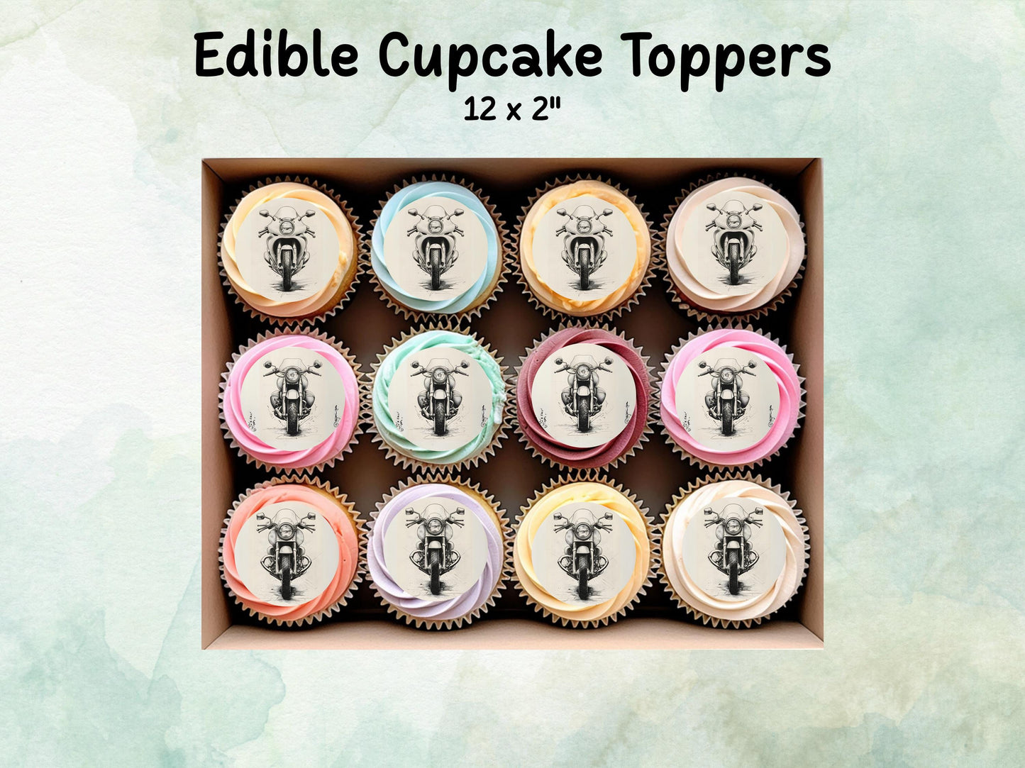 Motorbike Edible Cupcake Toppers 12 x 2" – Pre cut Wafer Paper, Card or Icing Sheet, Biker Party Cake Decoration, Motorcycle Birthday Topper