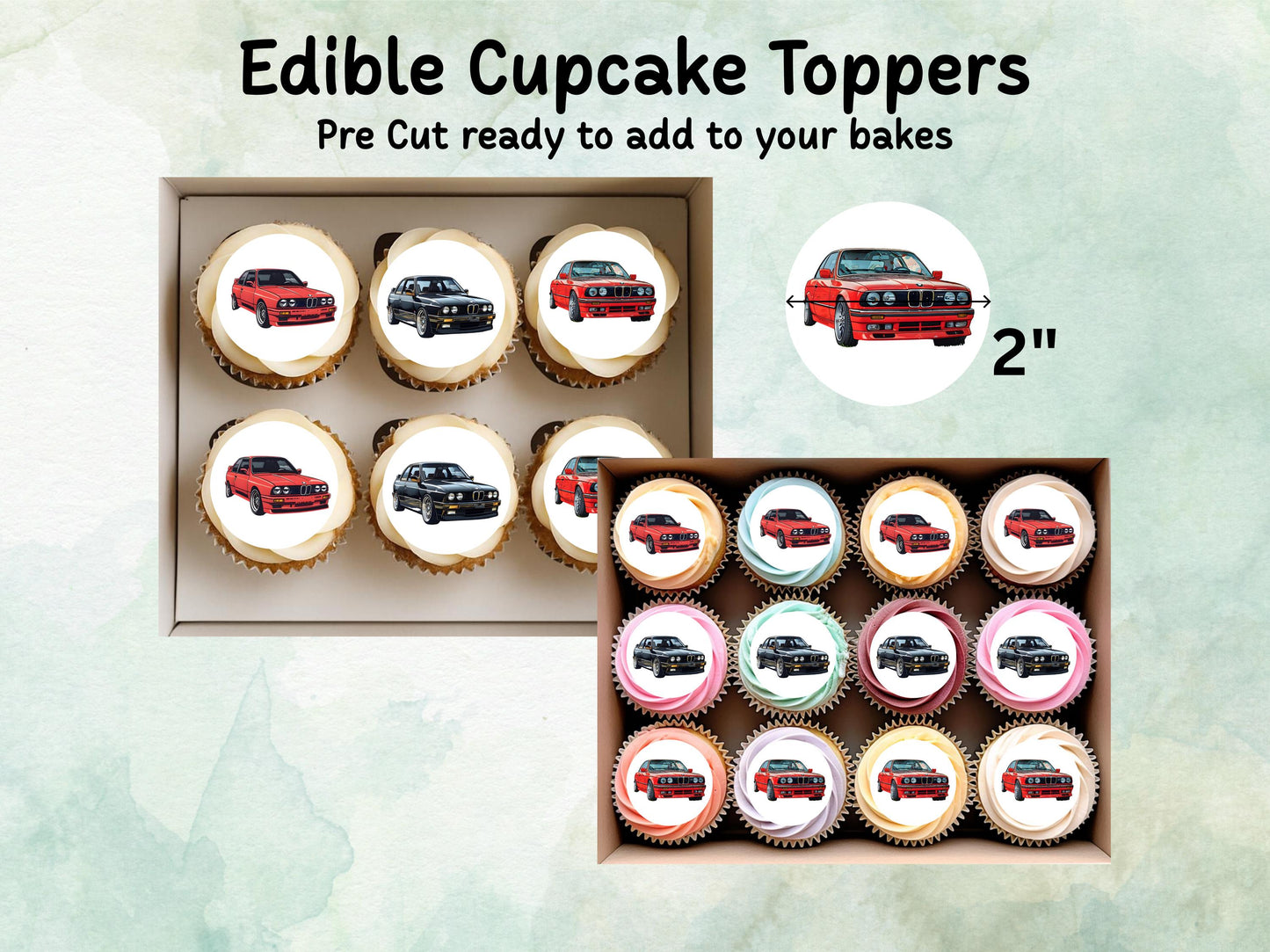 BMW Car Edible Cupcake Toppers 12 x 2" – Pre cut Wafer Paper, Card or Icing Sheet, Sports car Cake Topper