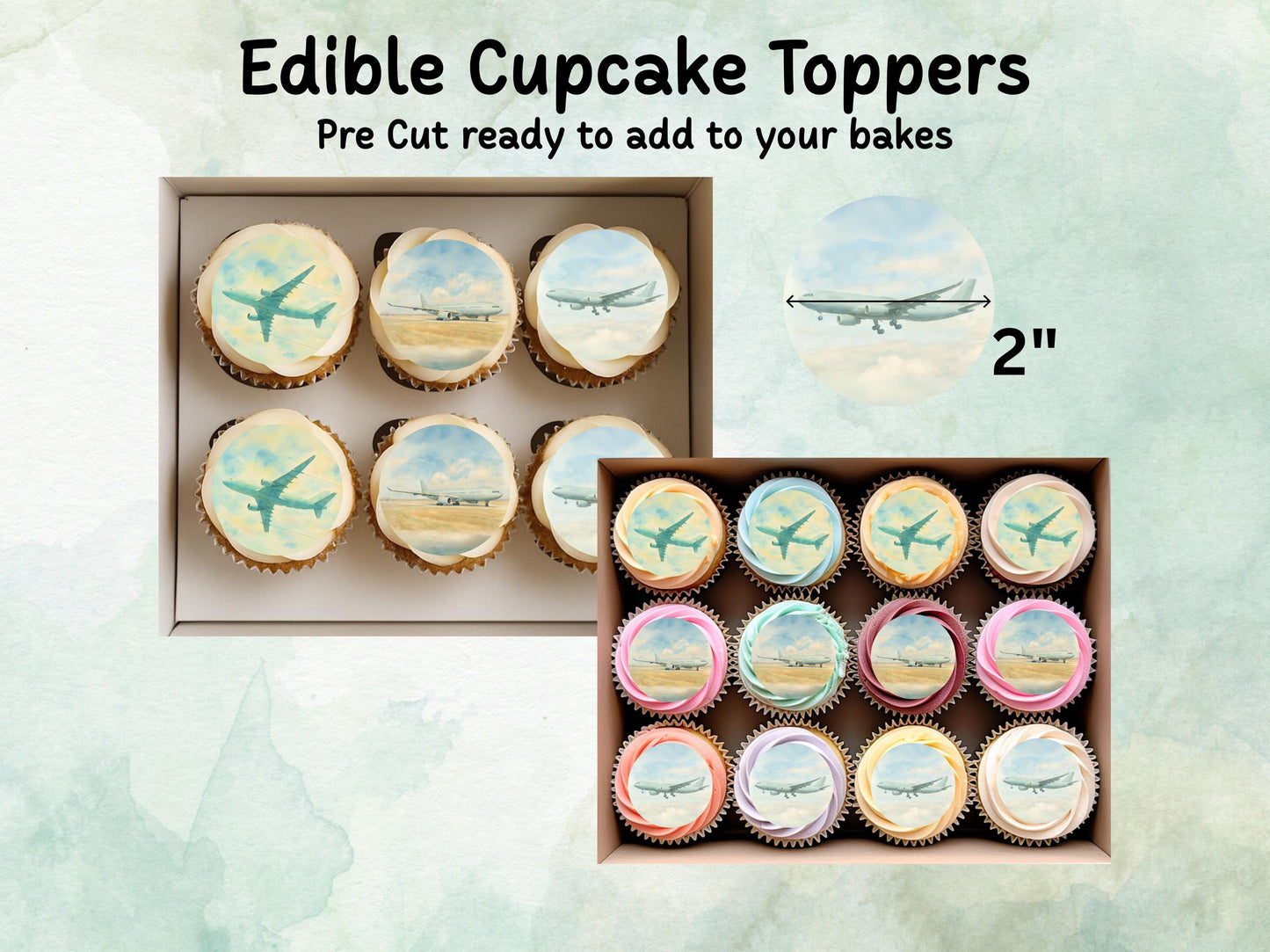 Aeroplane A330 Edible Cupcake Toppers 12 x 2"– Pre cut Wafer Paper, Card or Icing Sheet, Aviation Airplane Cake decorations