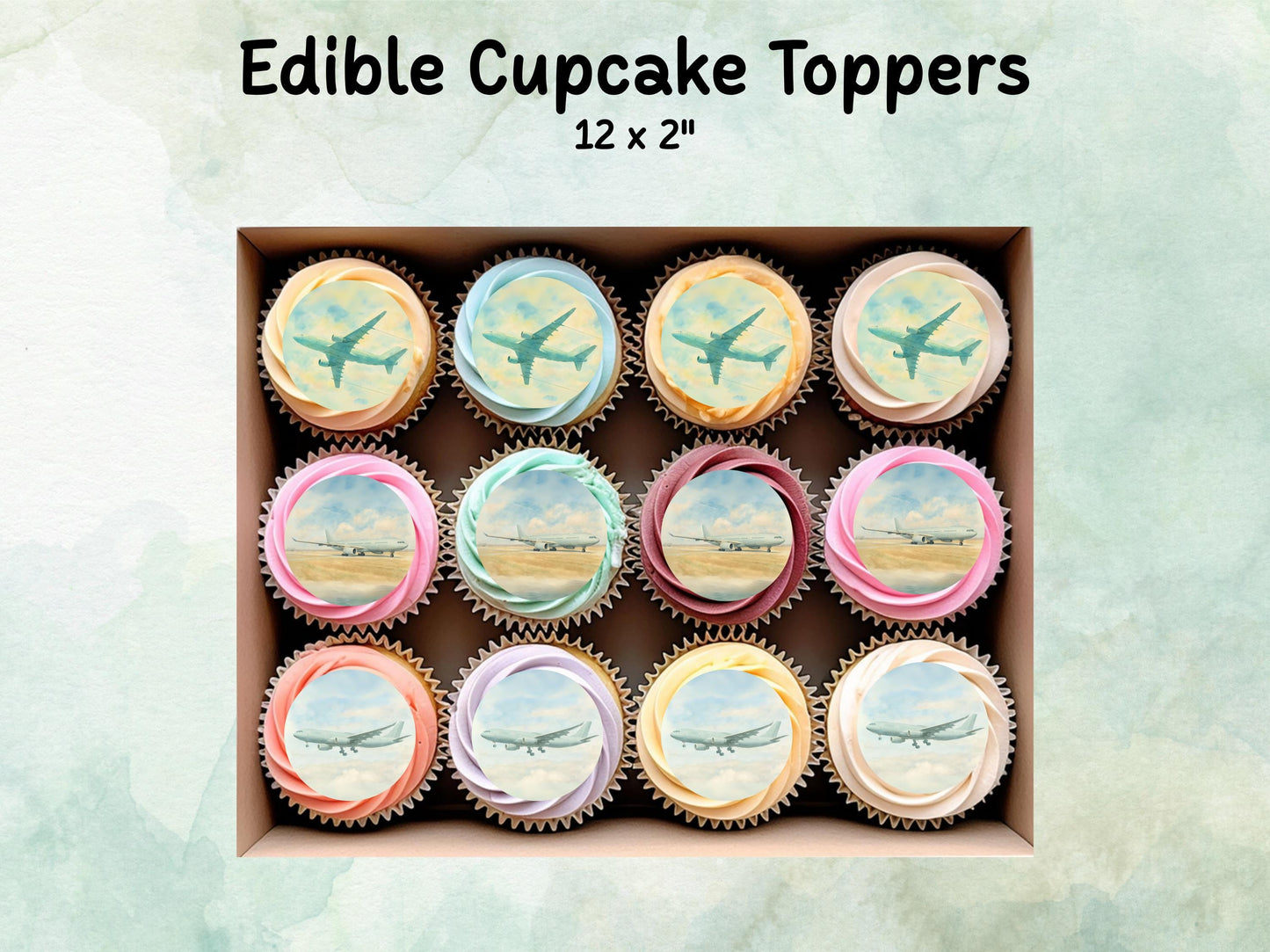 Aeroplane A330 Edible Cupcake Toppers 12 x 2"– Pre cut Wafer Paper, Card or Icing Sheet, Aviation Airplane Cake decorations