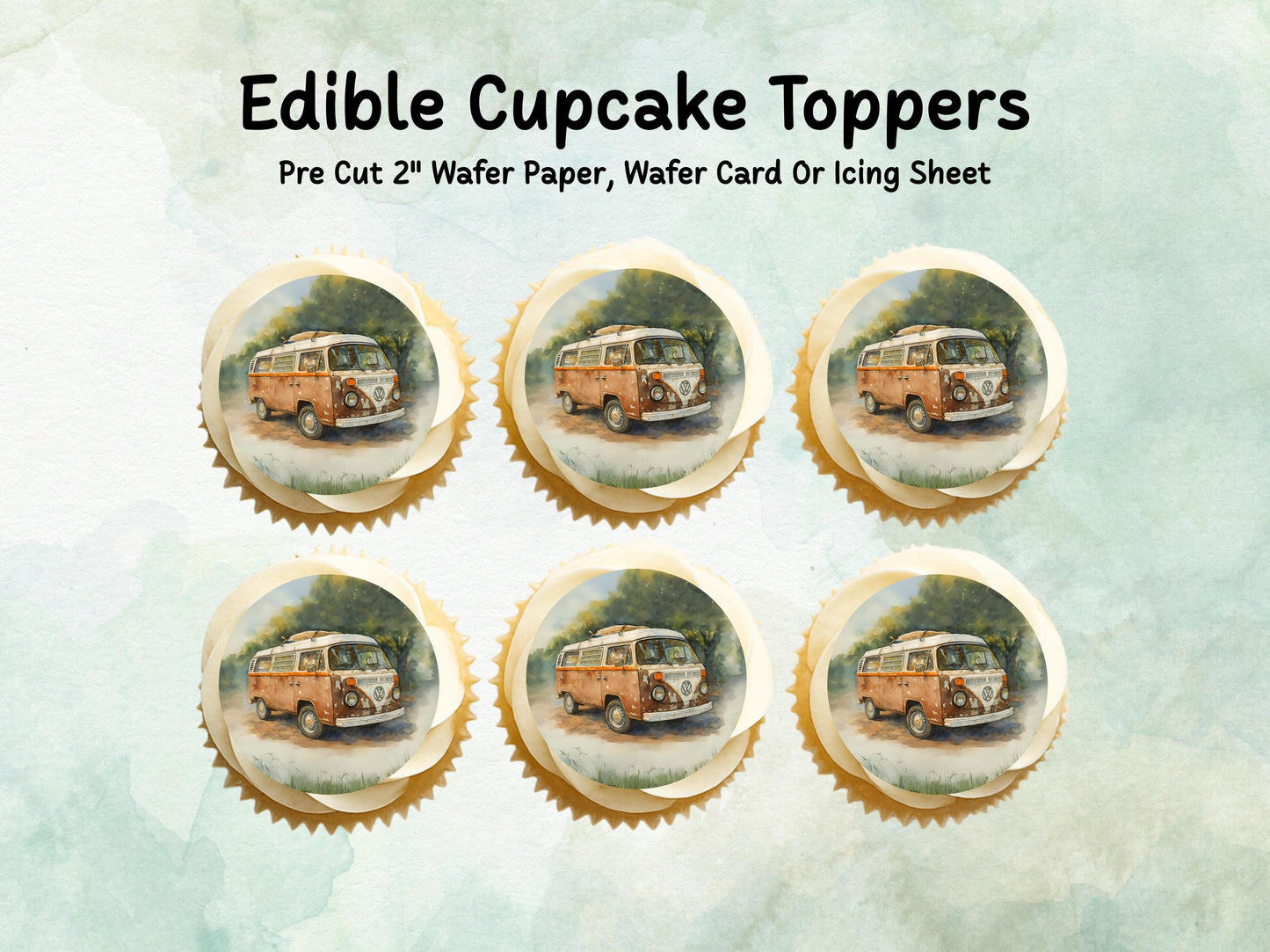VW Campervan Edible Cupcake Toppers 12 x 2" – Pre cut Wafer Paper, Card or Icing Sheet, Campervan Cake Topper