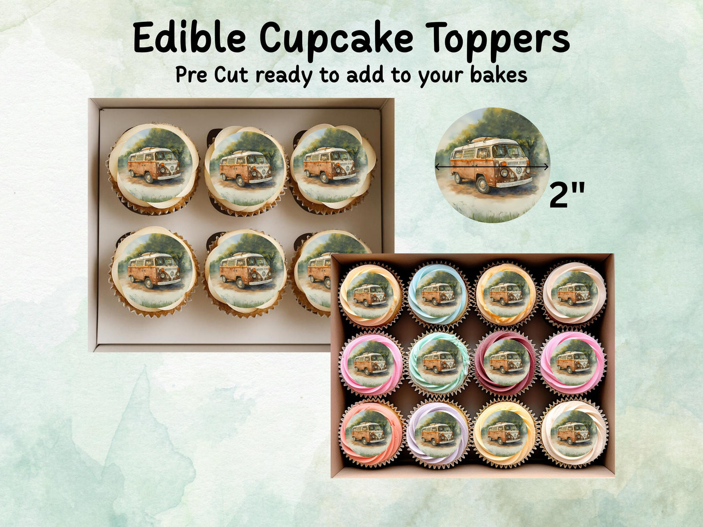 VW Campervan Edible Cupcake Toppers 12 x 2" – Pre cut Wafer Paper, Card or Icing Sheet, Campervan Cake Topper