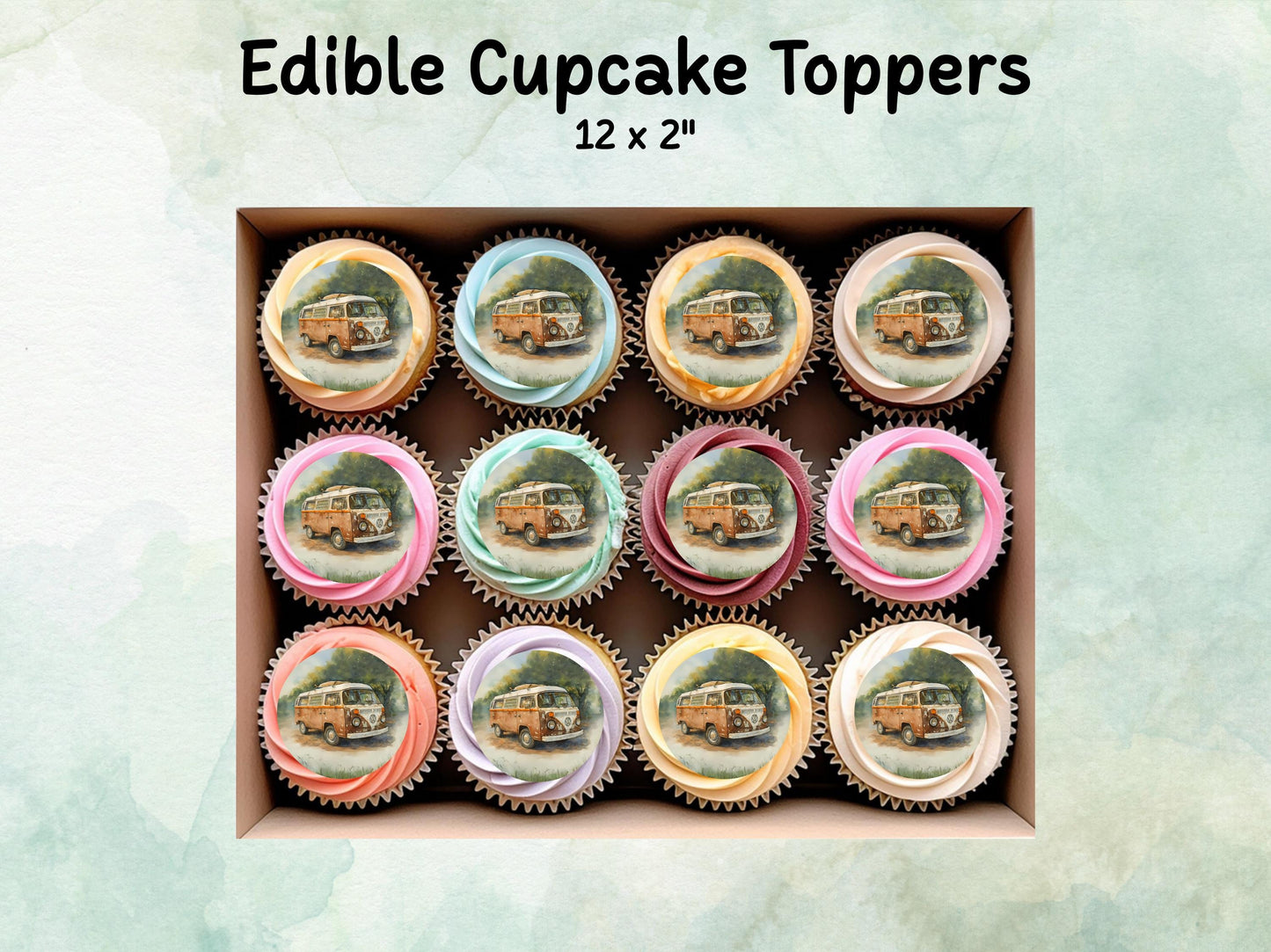 VW Campervan Edible Cupcake Toppers 12 x 2" – Pre cut Wafer Paper, Card or Icing Sheet, Campervan Cake Topper