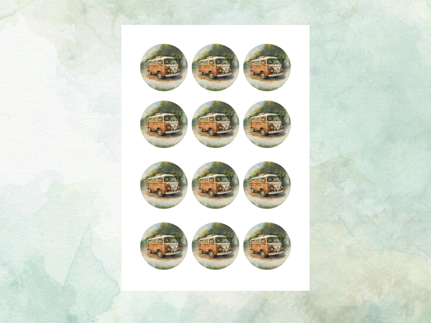 VW Campervan Edible Cupcake Toppers 12 x 2" – Pre cut Wafer Paper, Card or Icing Sheet, Campervan Cake Topper