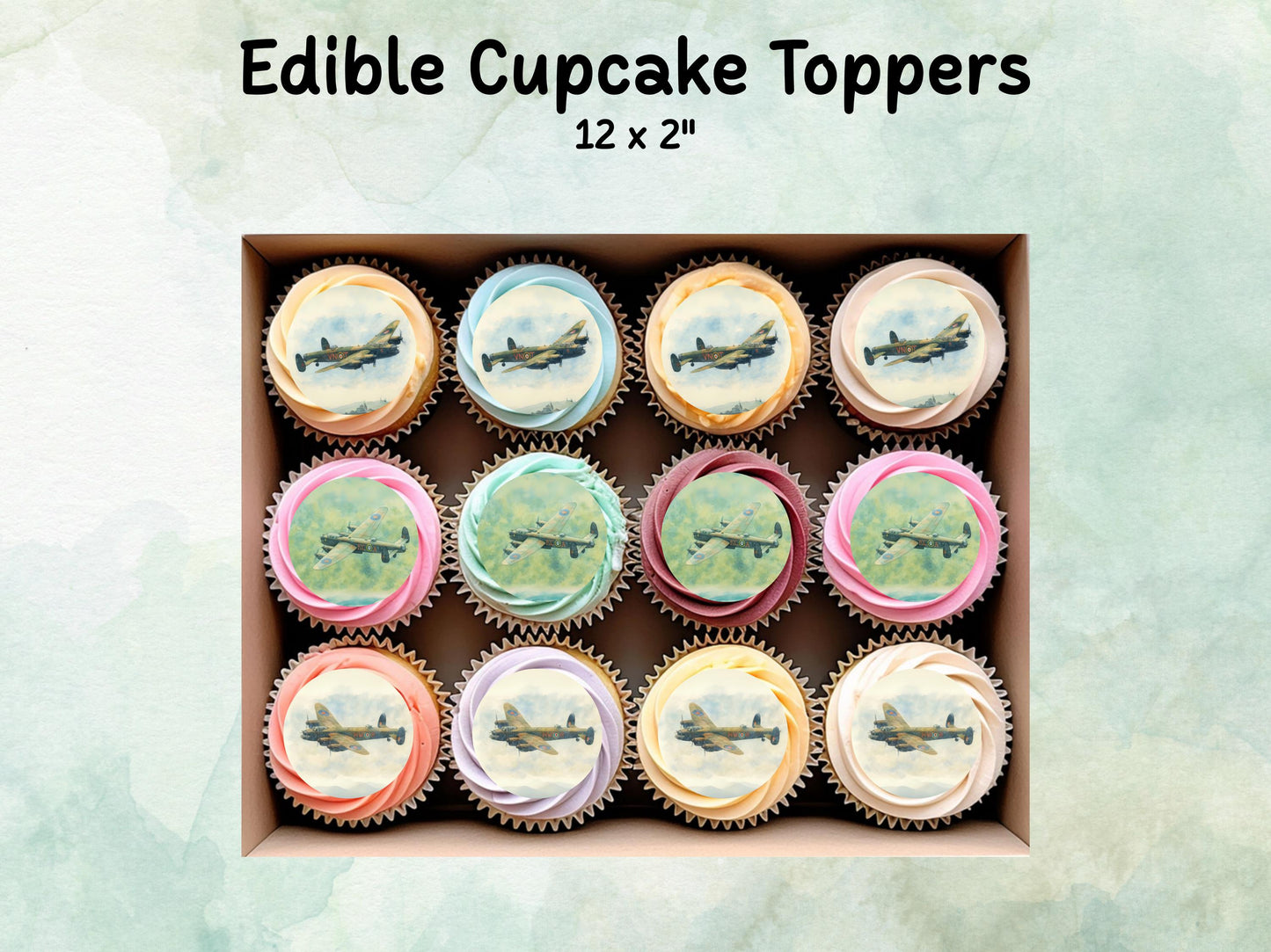Lancaster Aeroplane Edible Cupcake Toppers 12 x 2"– Pre cut Wafer Paper, Card or Icing Sheet, Aviation Airplane Cake decorations