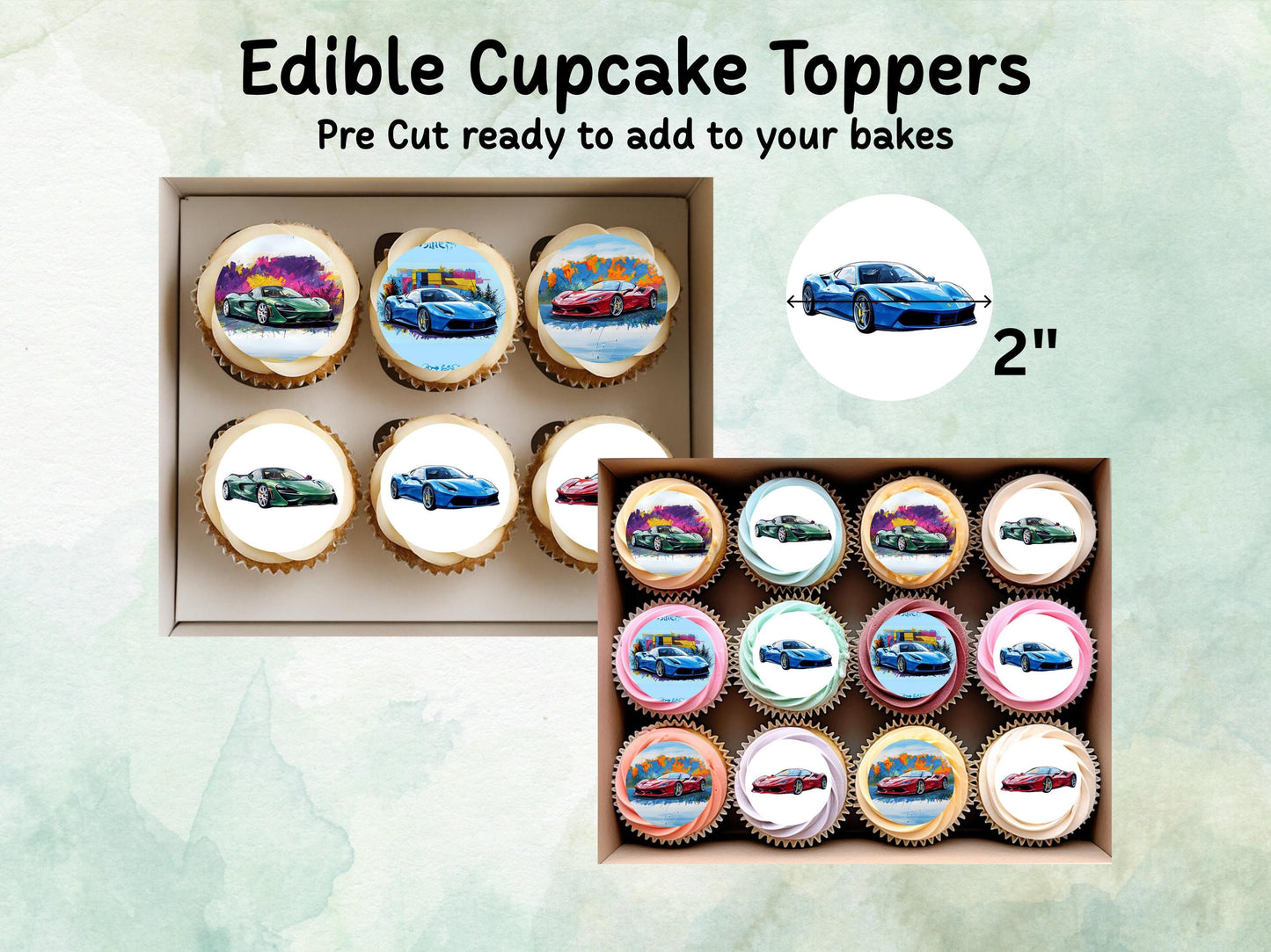 Sports Car Edible Cupcake Toppers 12 x 2" – Pre cut Wafer Paper, Card or Icing Sheet, Sports Car Cake Decoration