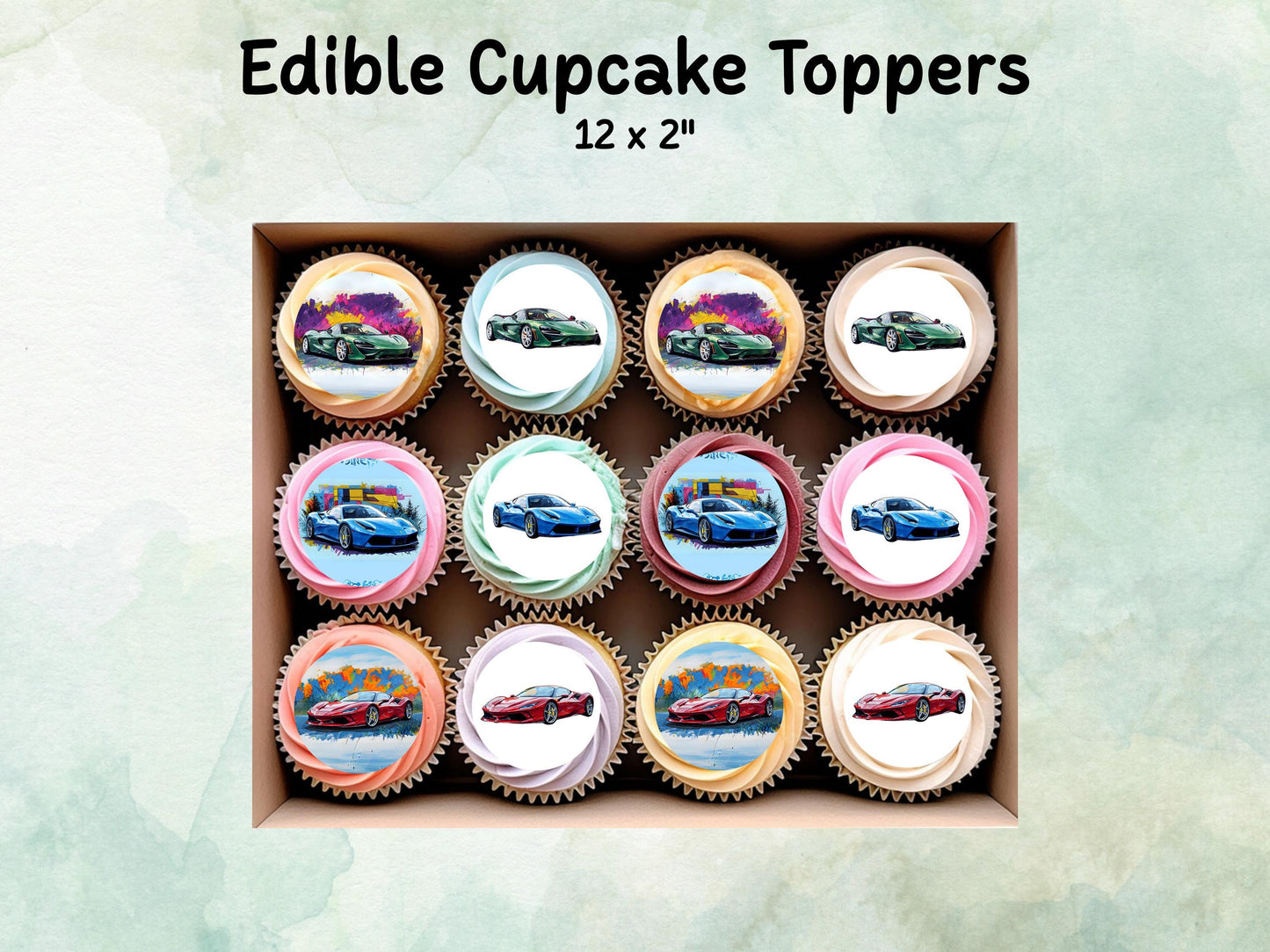 Sports Car Edible Cupcake Toppers 12 x 2" – Pre cut Wafer Paper, Card or Icing Sheet, Sports Car Cake Decoration