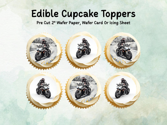 Motorbike Edible Cupcake Toppers 12 x 2" – Pre cut Wafer Paper, Card or Icing Sheet, Biker Party Cake Decoration, Motorcycle Birthday Topper