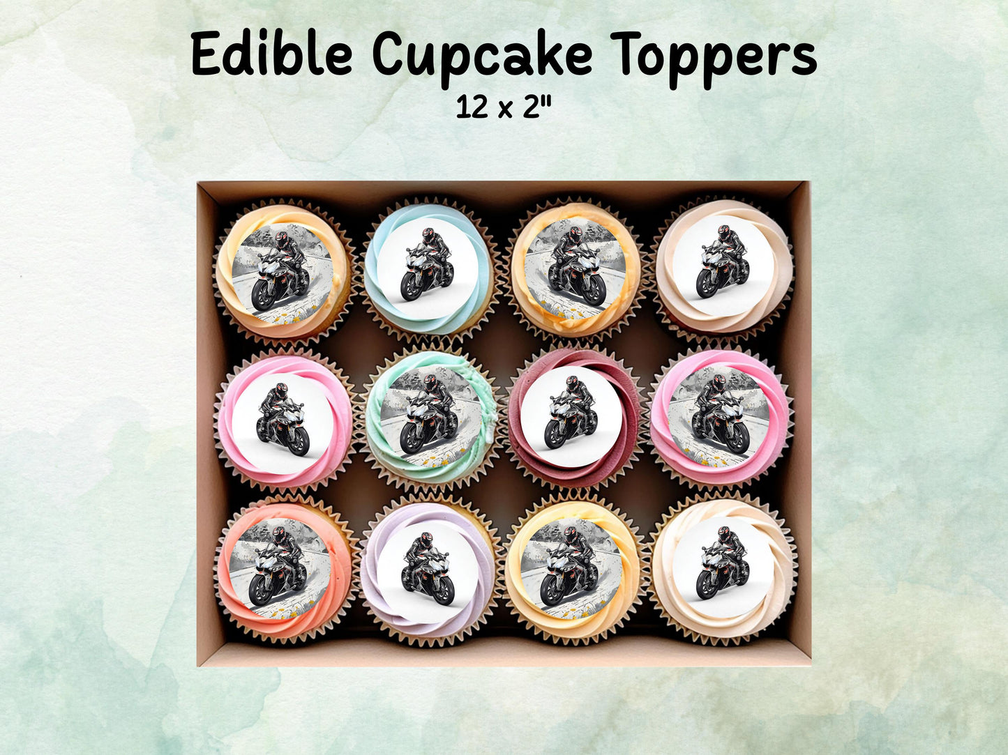 Motorbike Edible Cupcake Toppers 12 x 2" – Pre cut Wafer Paper, Card or Icing Sheet, Biker Party Cake Decoration, Motorcycle Birthday Topper