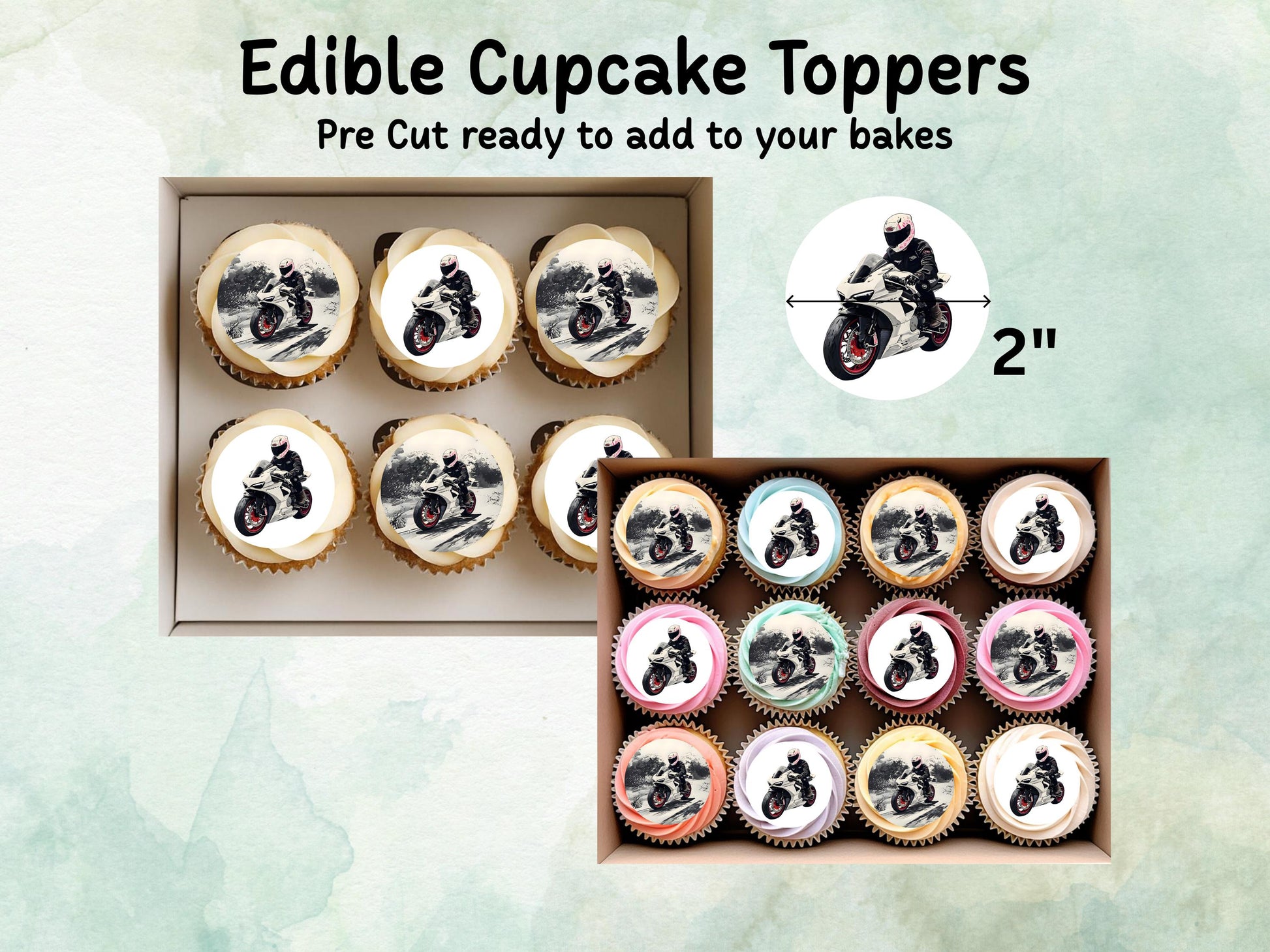 Motorbike Edible Birthday Cupcake Toppers 12 x 2" – Pre cut Wafer Paper, Card or Icing Sheet
