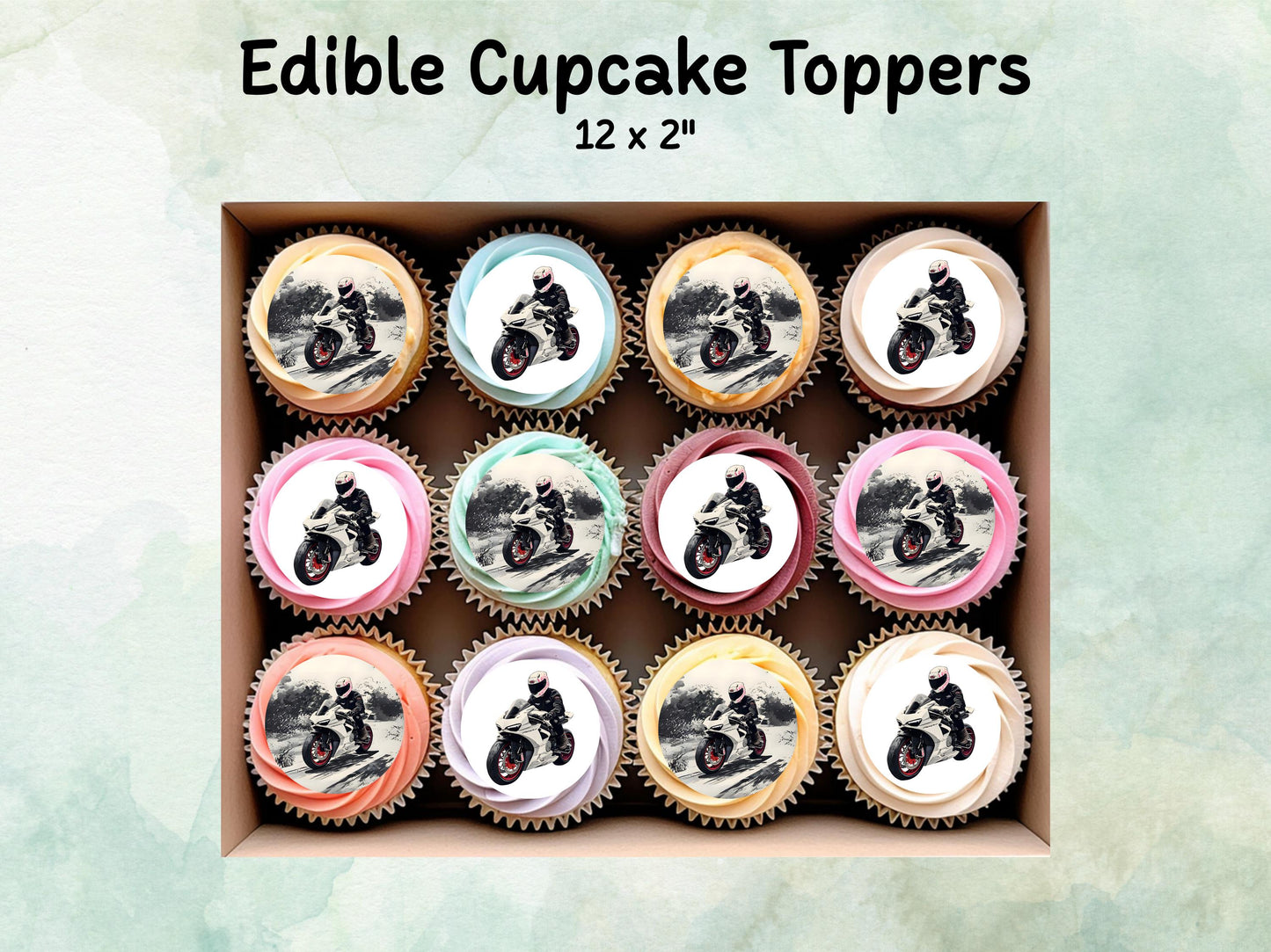 Motorbike Edible Birthday Cupcake Toppers 12 x 2" – Pre cut Wafer Paper, Card or Icing Sheet