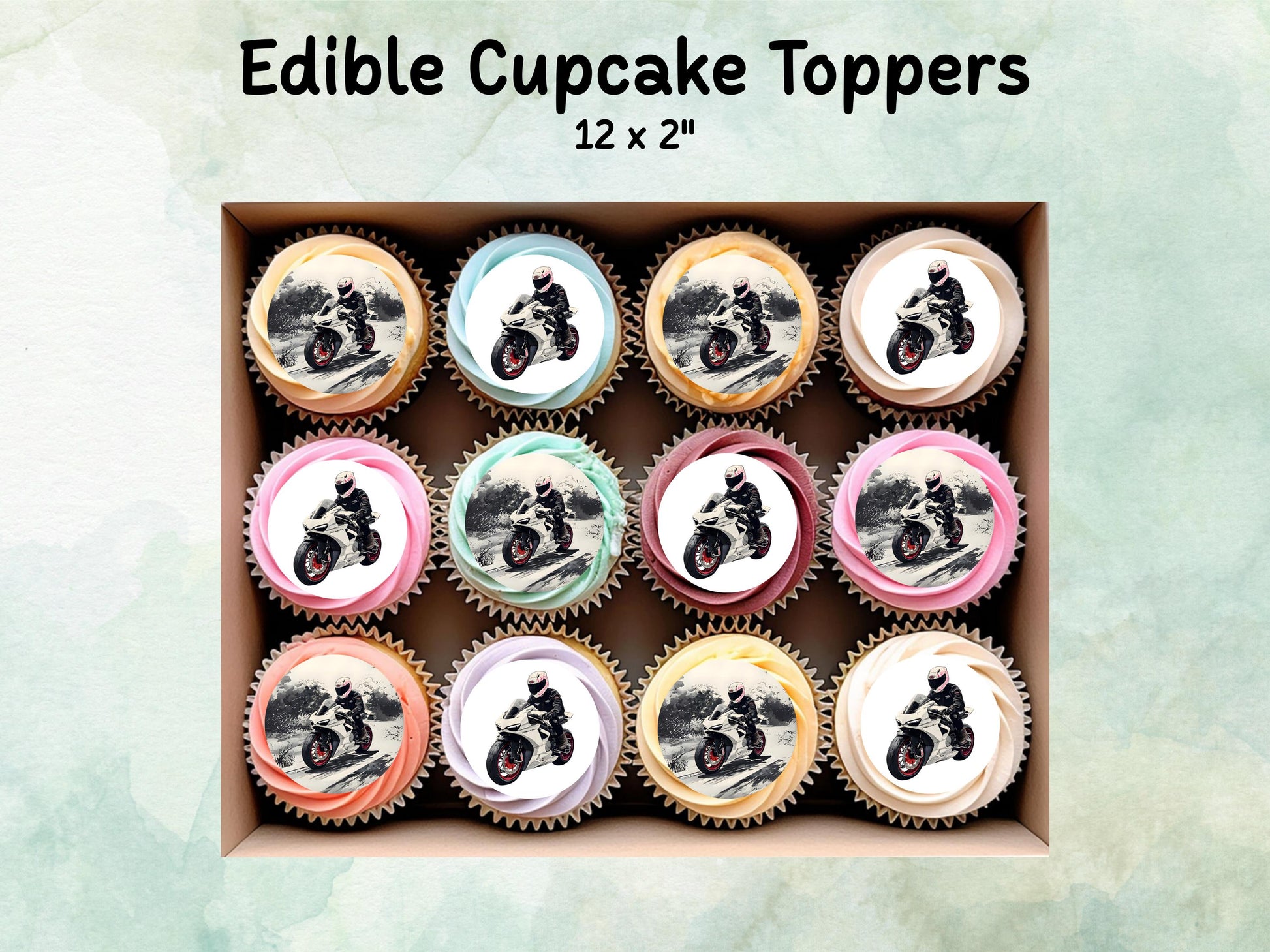 Motorbike Edible Birthday Cupcake Toppers 12 x 2" – Pre cut Wafer Paper, Card or Icing Sheet
