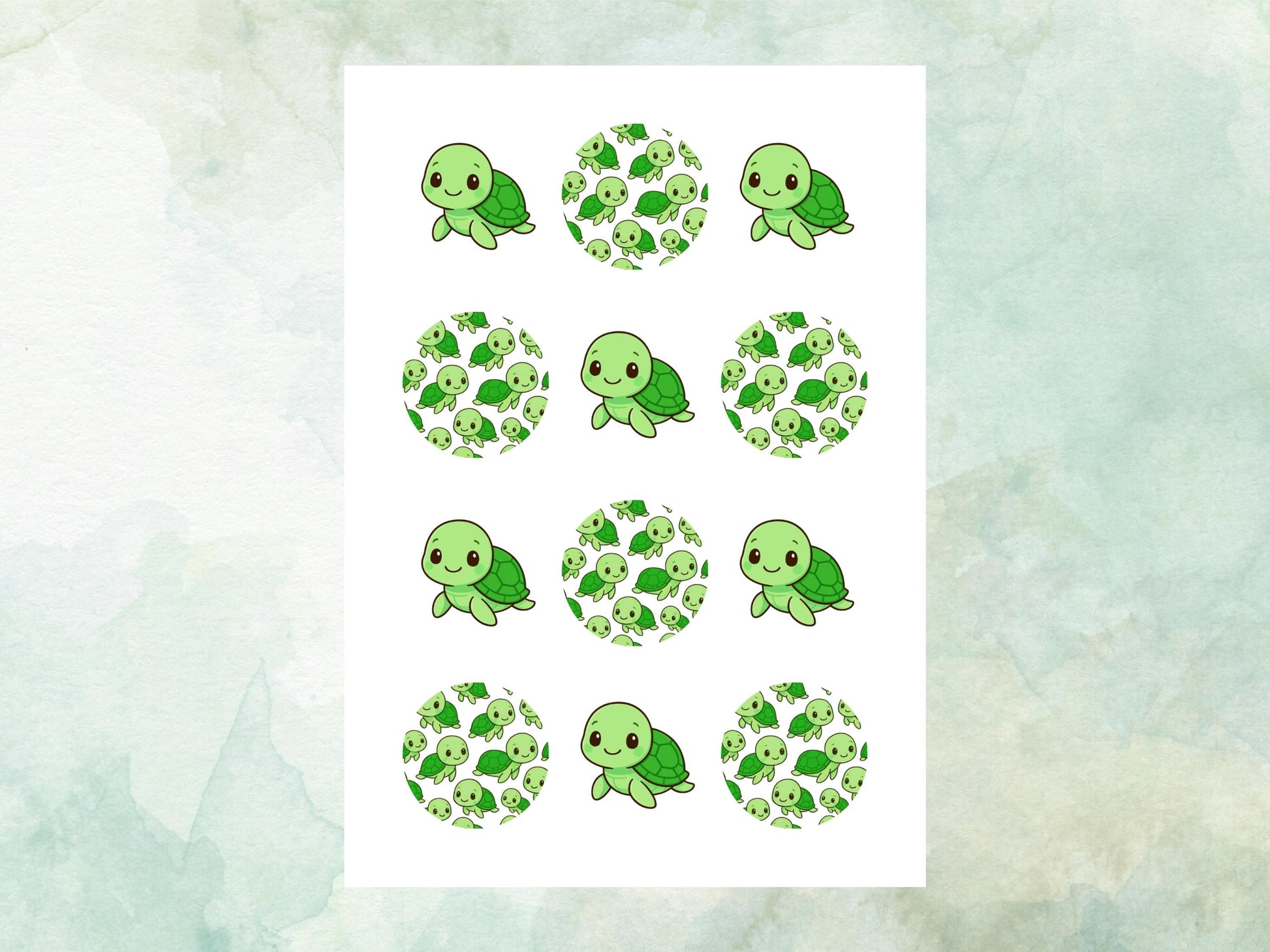 Cute Turtle Edible Birthday Cupcake Toppers 12 x 2"– Pre cut Wafer Paper, Card or Icing Sheet