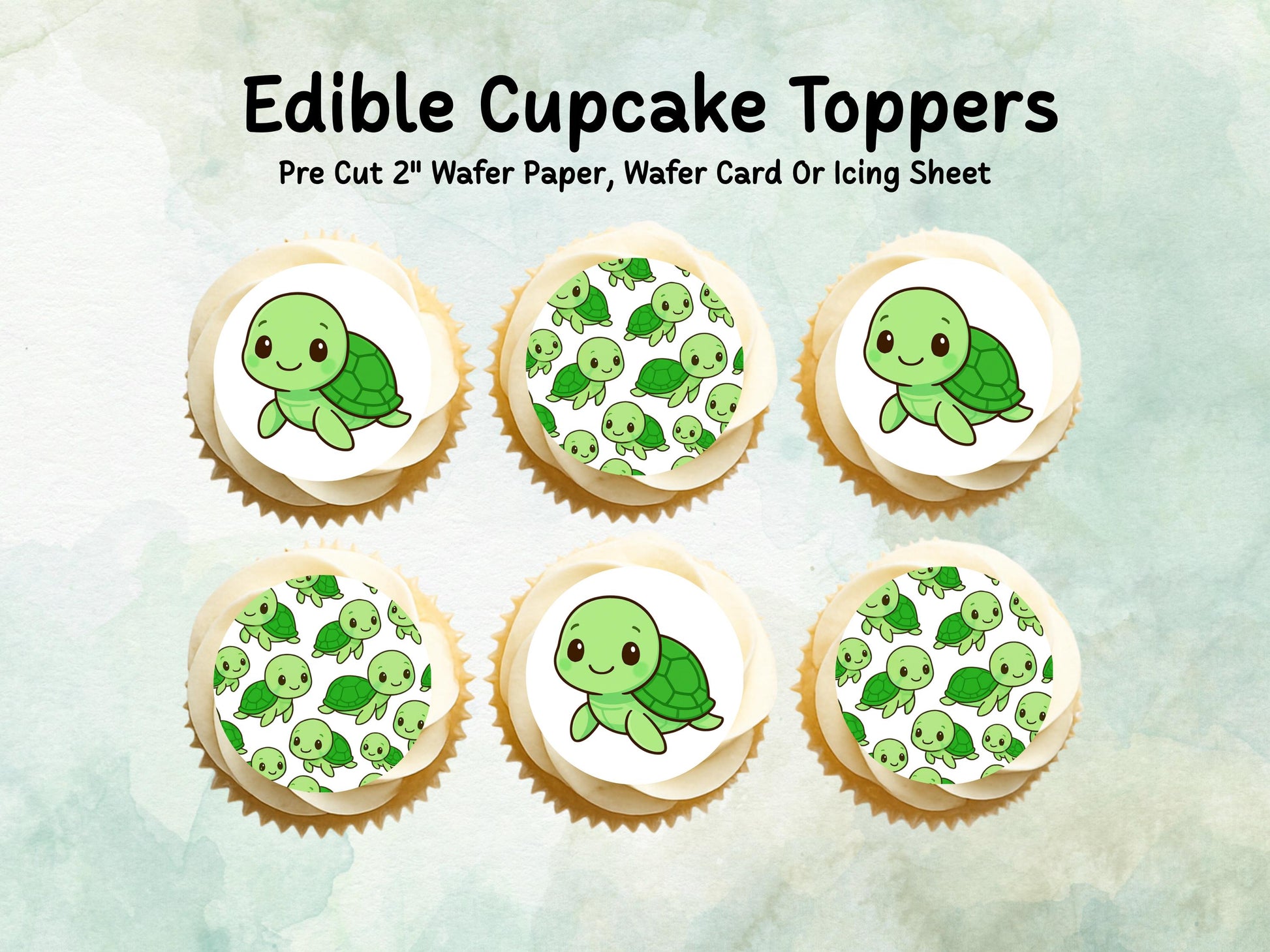 Cute Turtle Edible Birthday Cupcake Toppers 12 x 2"– Pre cut Wafer Paper, Card or Icing Sheet