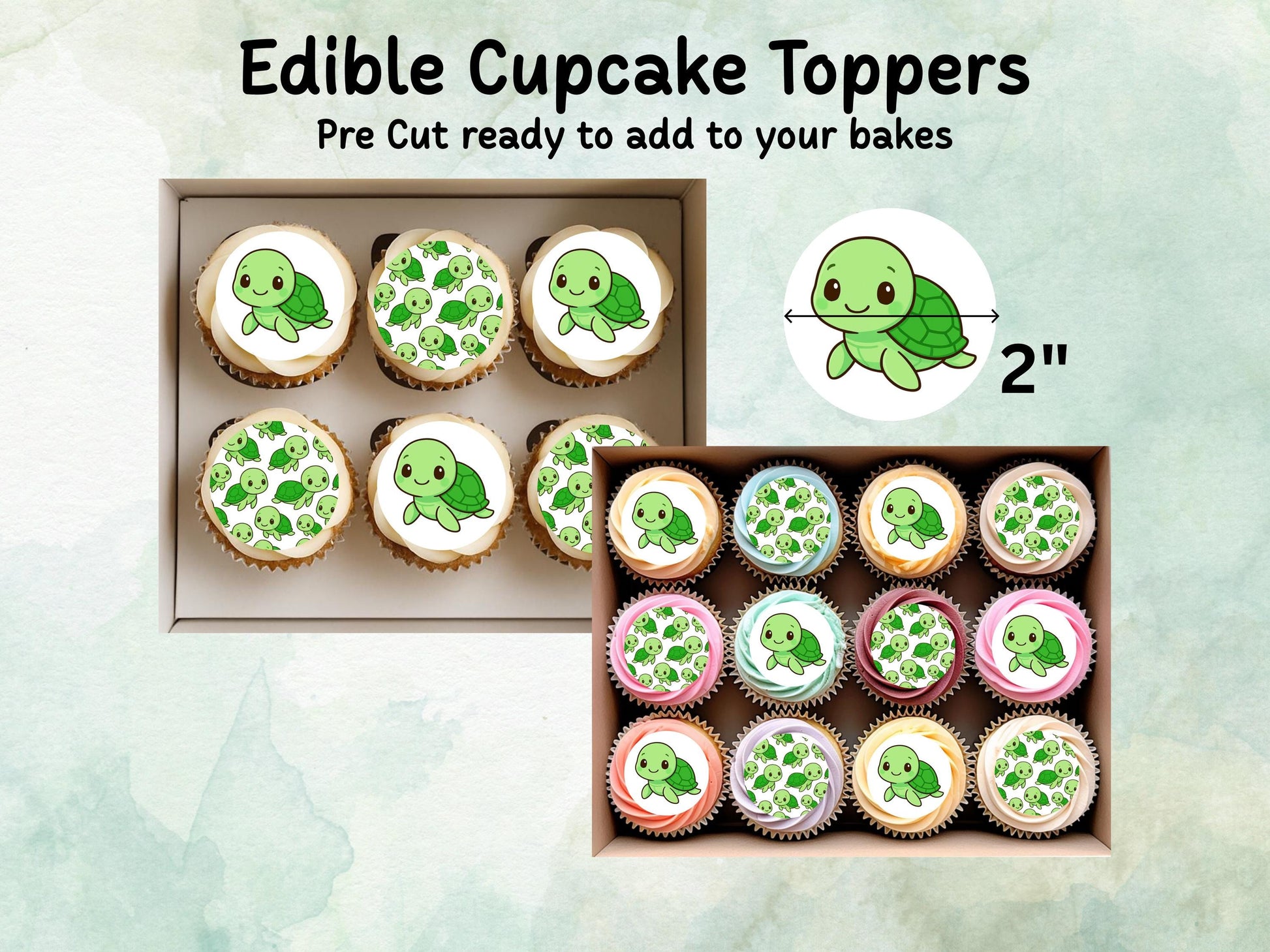 Cute Turtle Edible Birthday Cupcake Toppers 12 x 2"– Pre cut Wafer Paper, Card or Icing Sheet