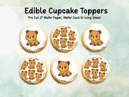 Cute Bear Edible Cupcake Toppers 12 x 2"– Pre cut Wafer Paper, Card or Icing Sheet