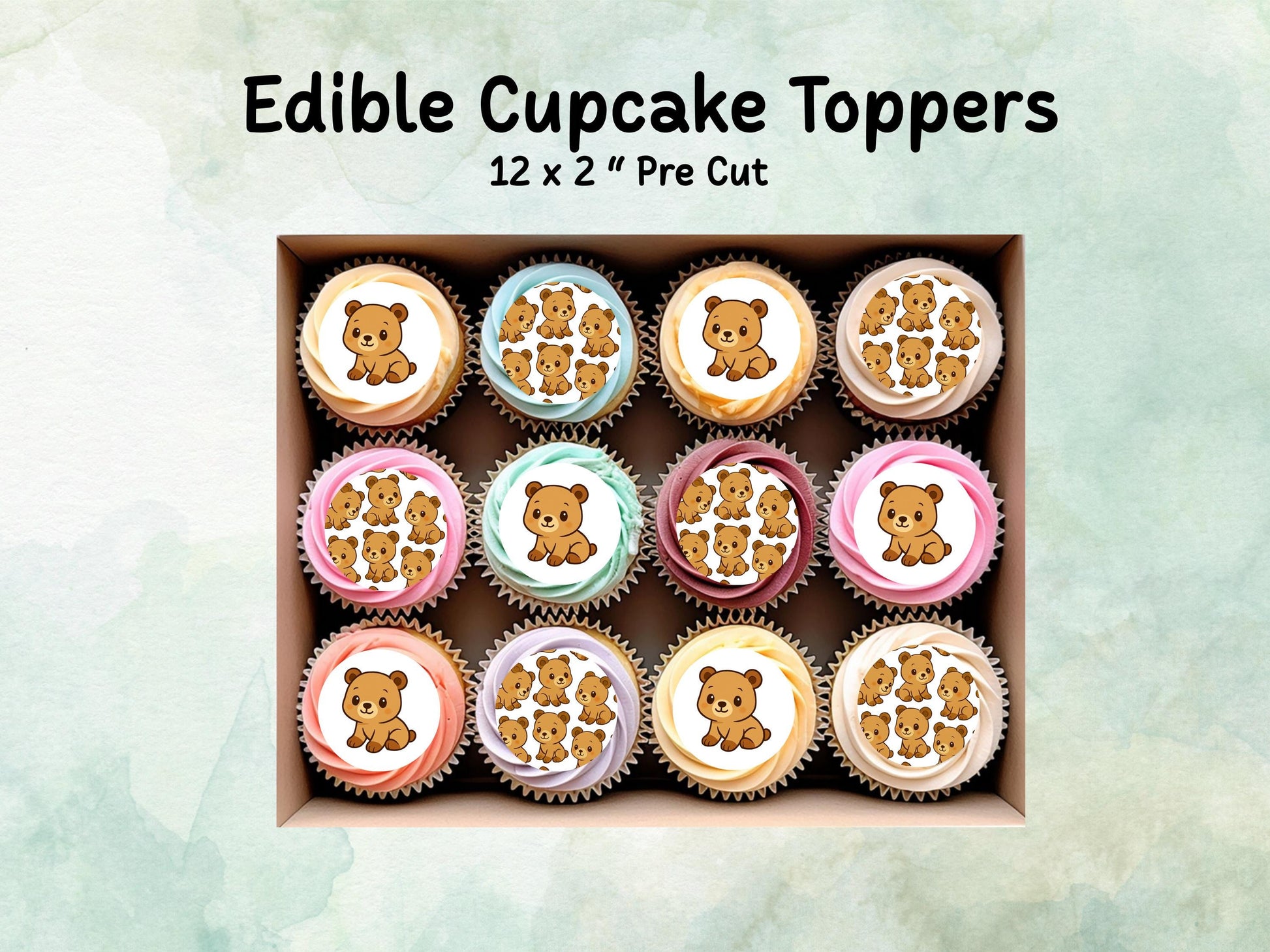 Cute Bear Edible Cupcake Toppers 12 x 2"– Pre cut Wafer Paper, Card or Icing Sheet