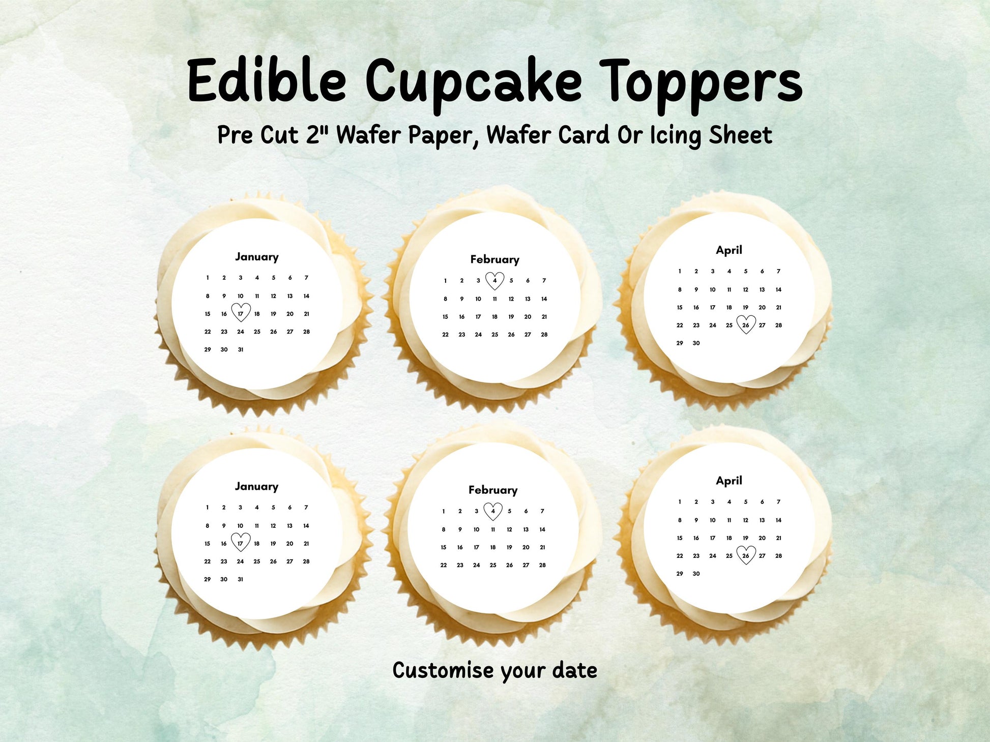 Customisable Calendar Edible Cupcake Toppers 12 x 2" – Pre cut Wafer Paper, Card or Icing Sheet