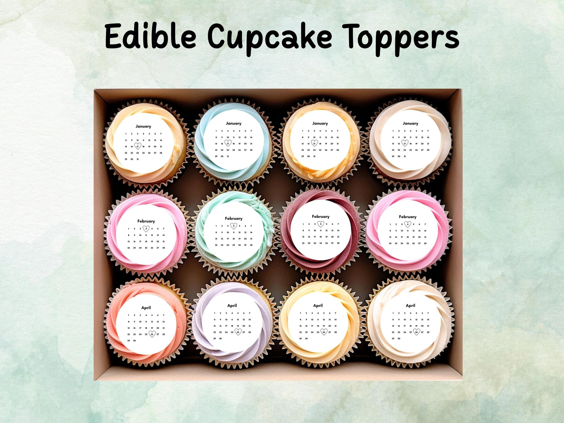 Customisable Calendar Edible Cupcake Toppers 12 x 2" – Pre cut Wafer Paper, Card or Icing Sheet