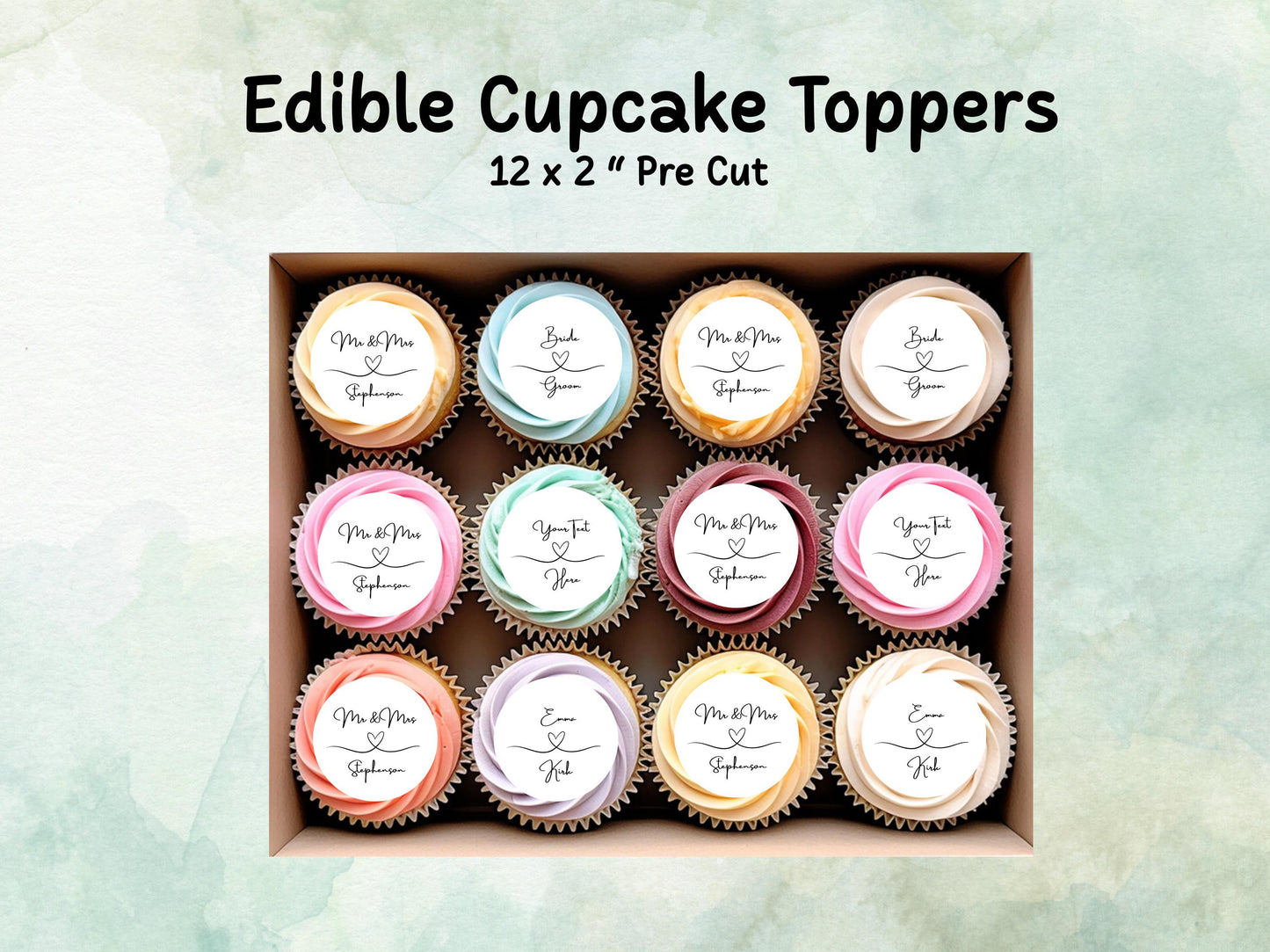 Personalised Wedding Edible Cupcake Toppers 12 x 2" – Pre cut Wafer Paper, Card or Icing Sheet