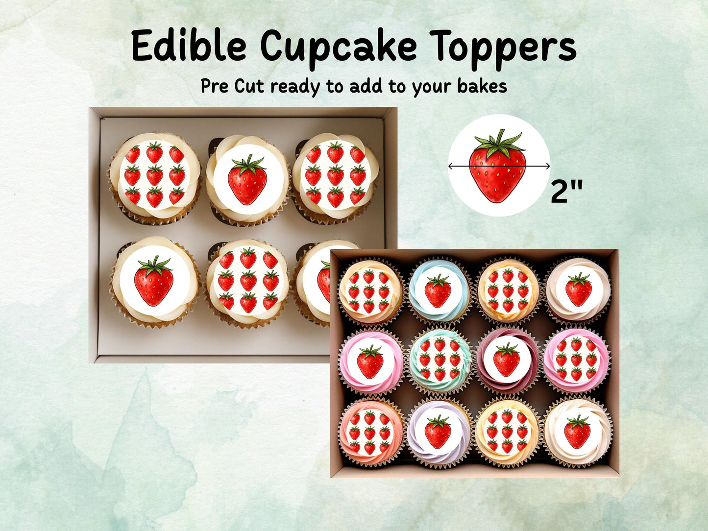 Strawberry Edible Cupcake Toppers – 12 x 2" Pre cut Wafer Paper, Card or Icing Sheet