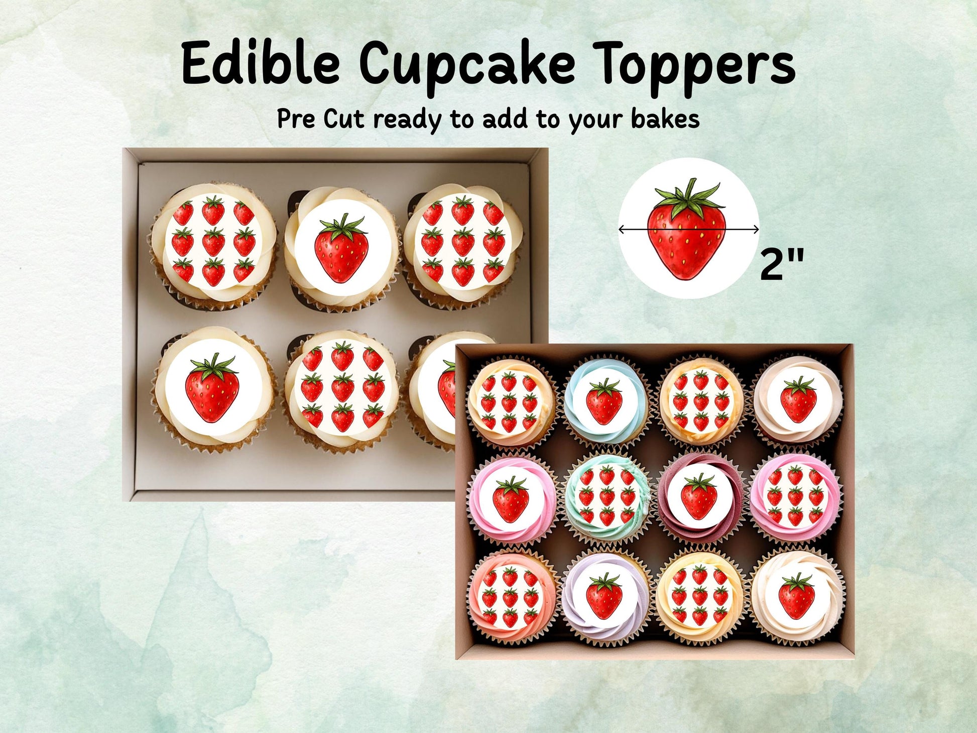 Strawberry Edible Cupcake Toppers – 12 x 2" Pre cut Wafer Paper, Card or Icing Sheet