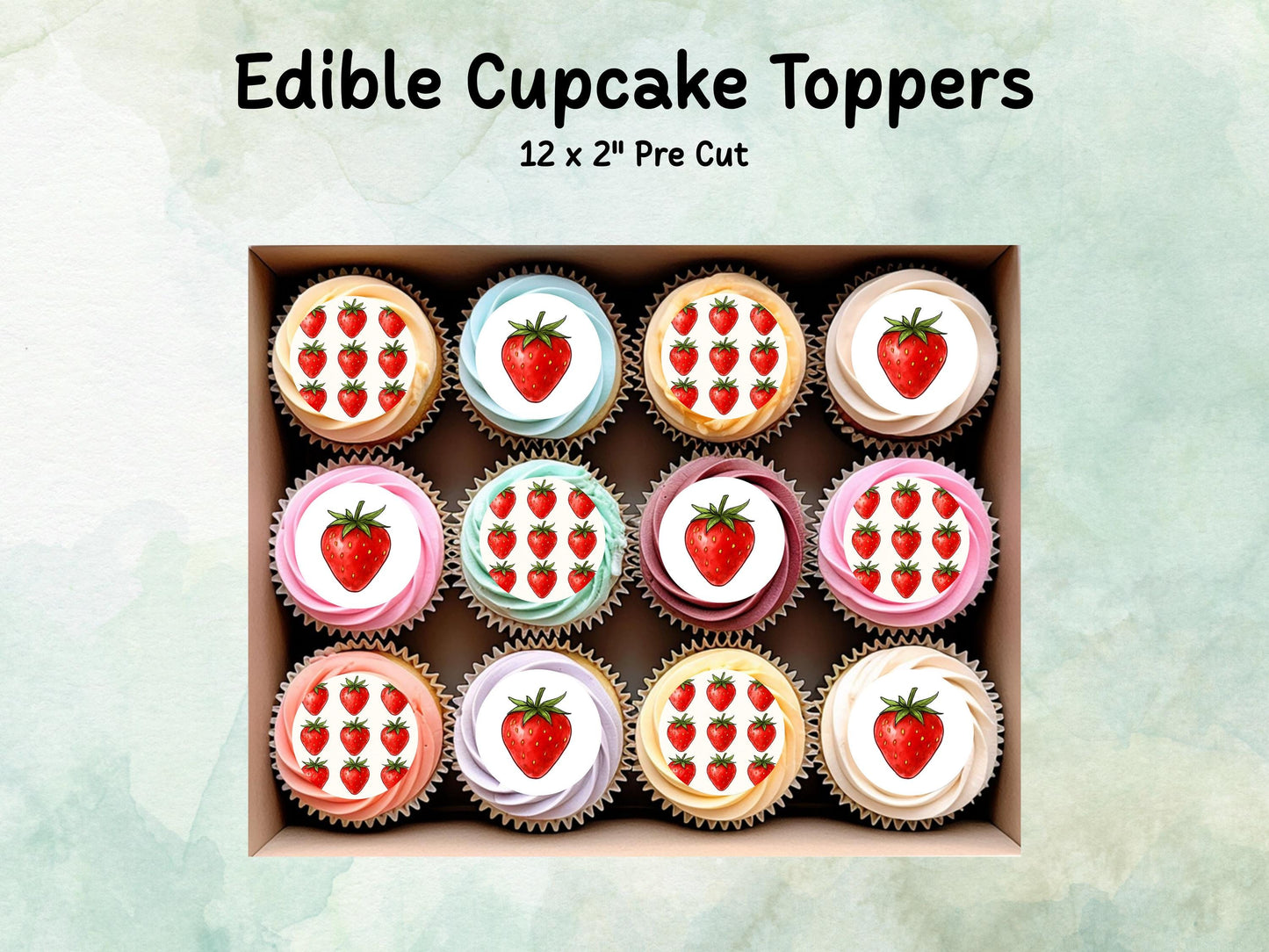 Strawberry Edible Cupcake Toppers – 12 x 2" Pre cut Wafer Paper, Card or Icing Sheet