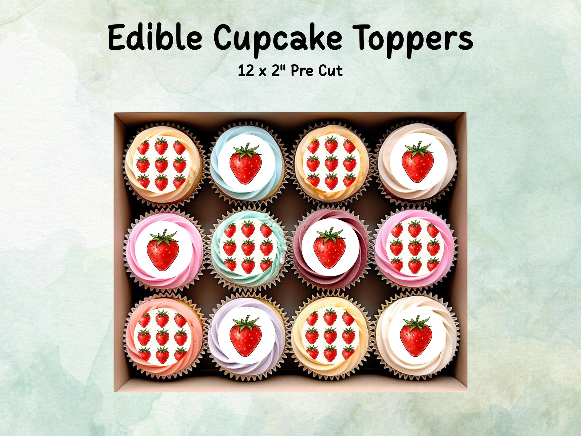 Strawberry Edible Cupcake Toppers – 12 x 2" Pre cut Wafer Paper, Card or Icing Sheet